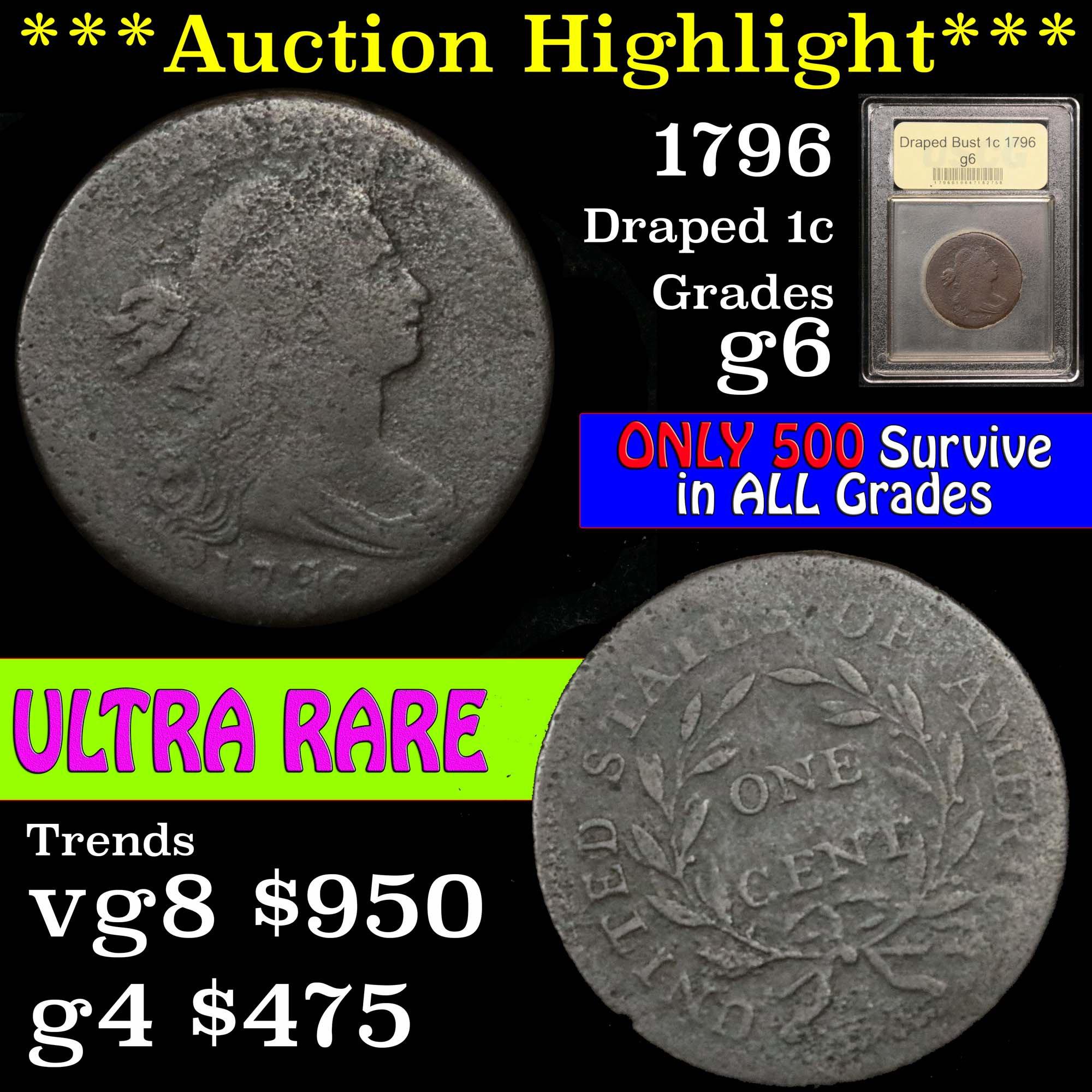 ***Auction Highlight*** 1796 Draped Bust Large Cent 1c Graded g+ by USCG (fc)