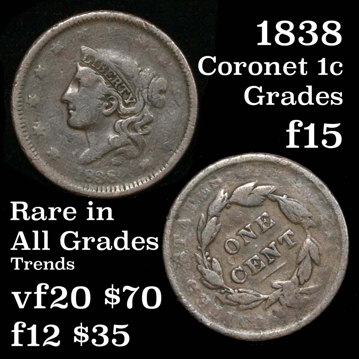 1838 Coronet Head Large Cent 1c Grades f+