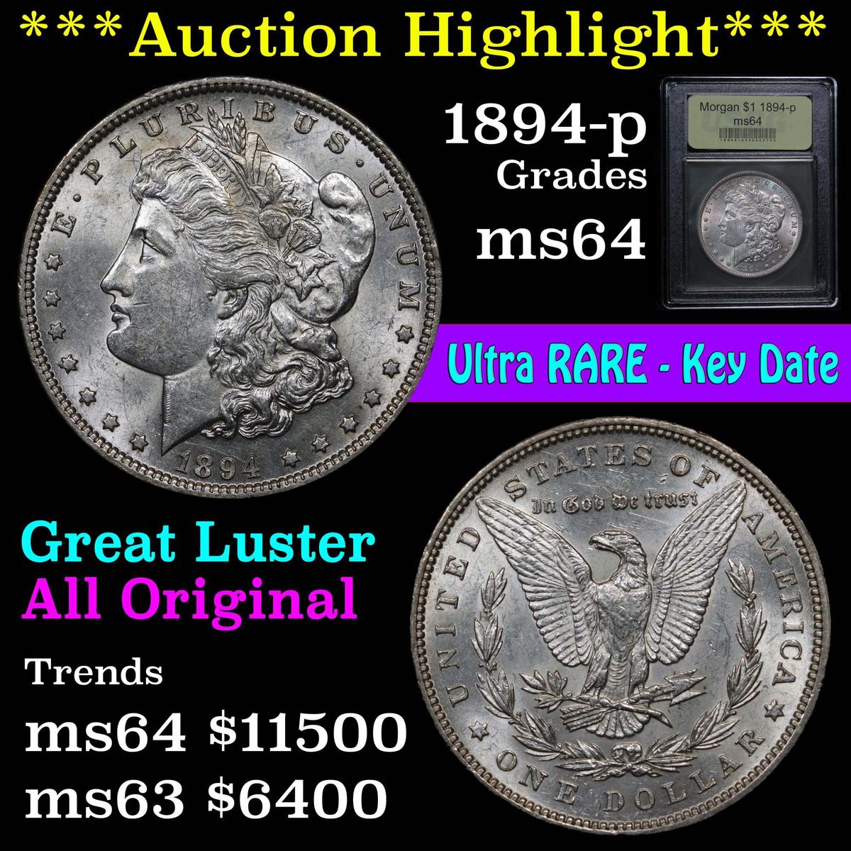 ***Auction Highlight*** 1894-p Morgan Dollar $1 Graded Choice Unc by USCG (fc)