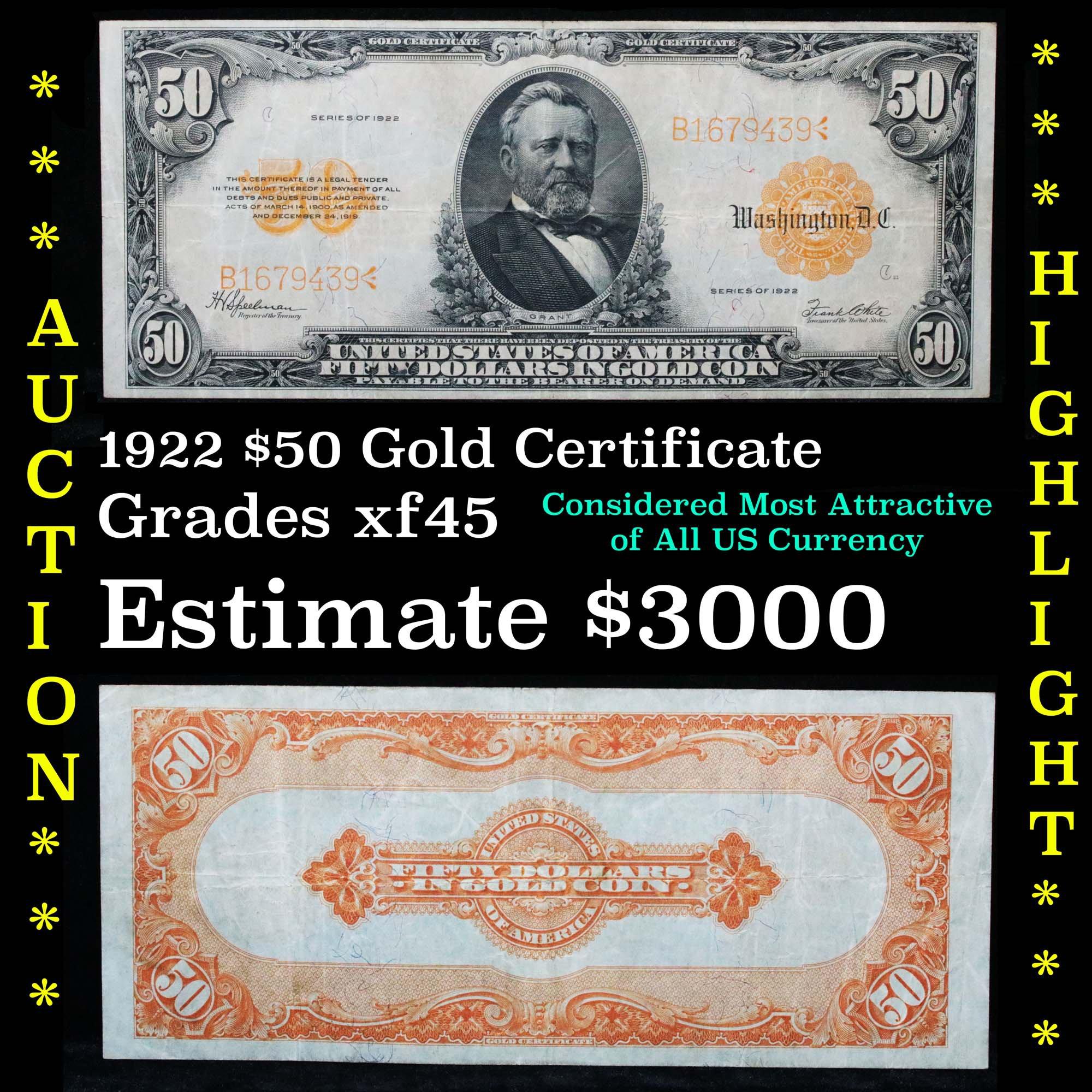 ***Auction Highlight*** 1922 $50 Gold Certificate Grades xf+ (fc)