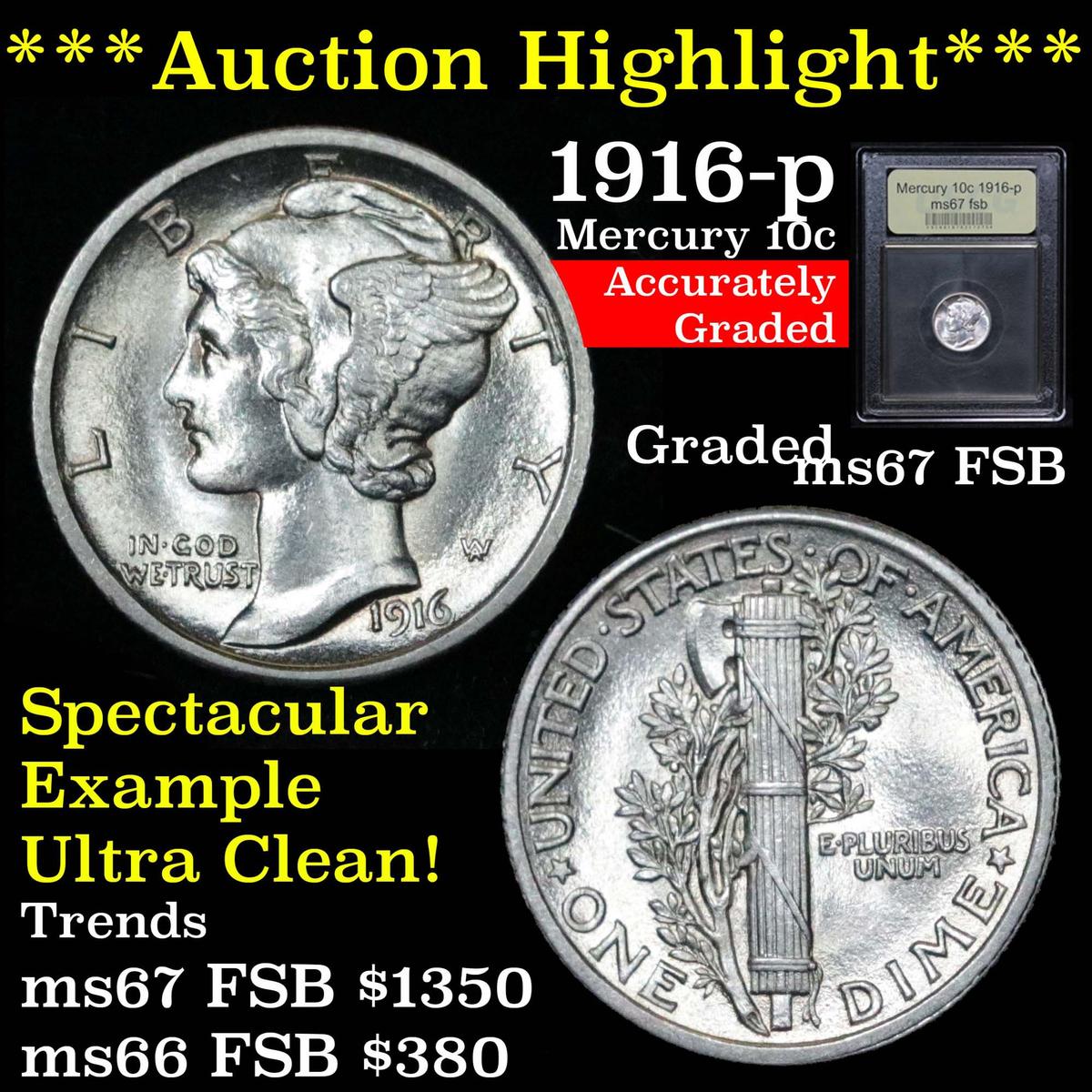***Auction Highlight*** 1916-p Mercury Dime 10c Graded GEM++ FSB by USCG (fc)