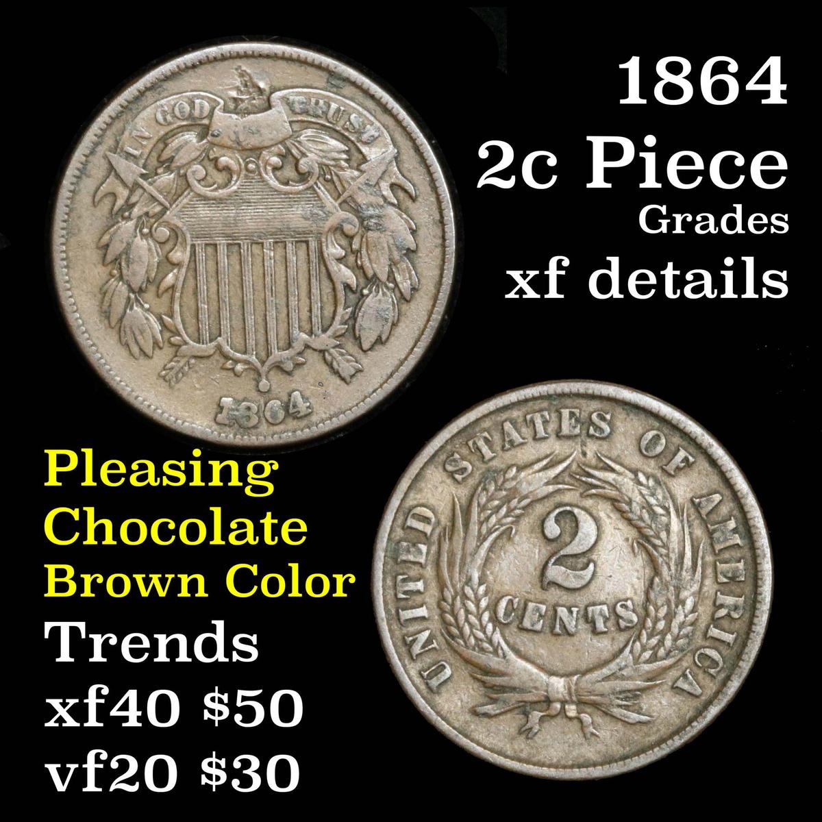 1864 2 Cent Piece 2c Grades xf details