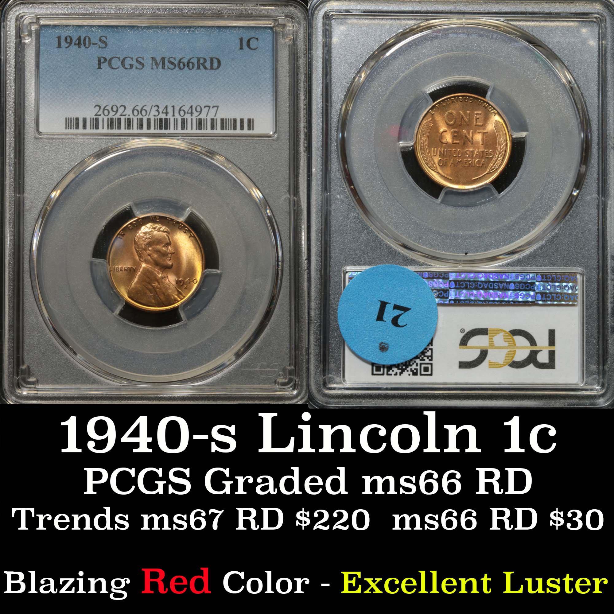 PCGS 1940-s Lincoln Cent 1c Graded ms66 rd by PCGS