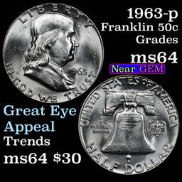 Blast White 1963-p Franklin Half Dollar 50c Super Eye Appeal Grades Choice Unc