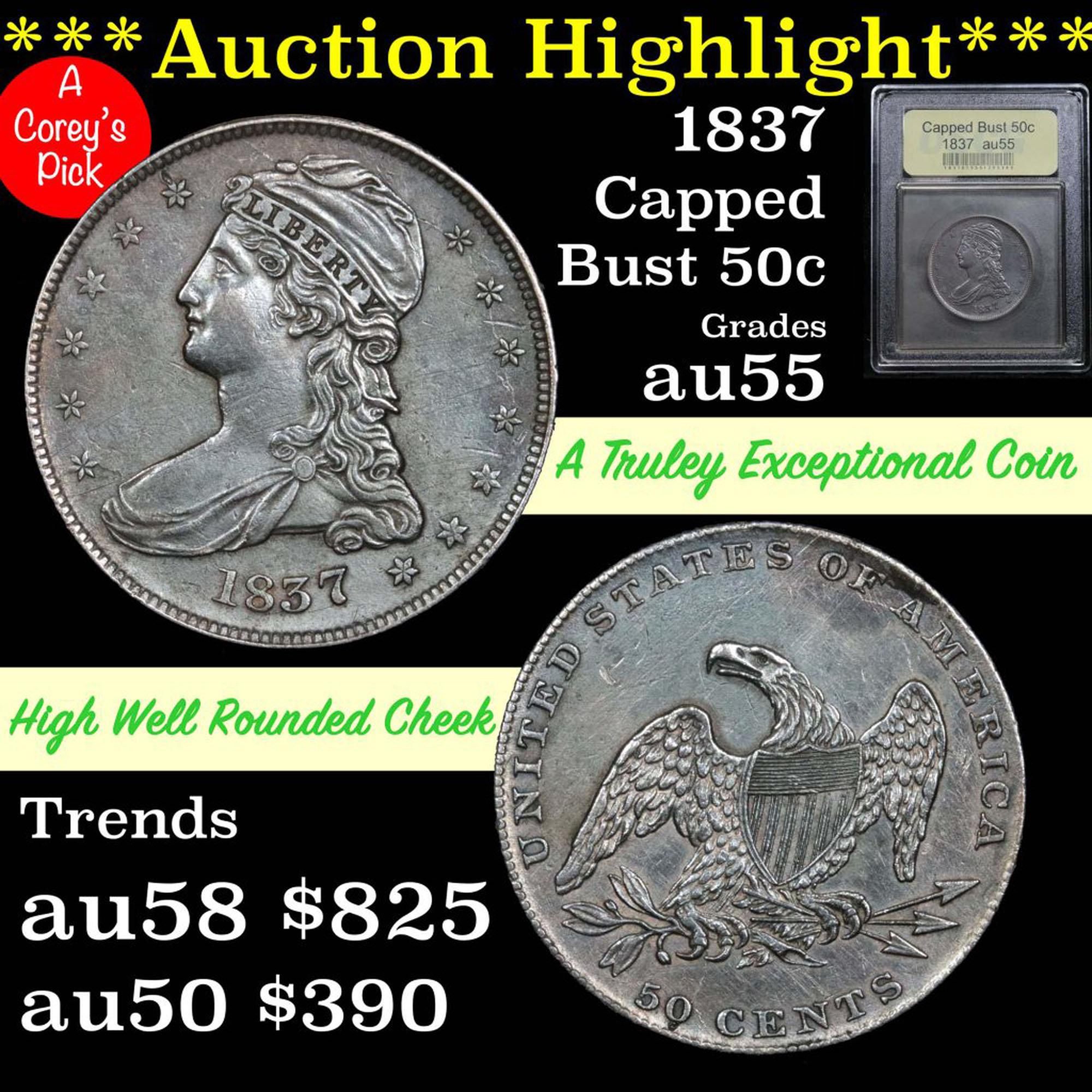 ***Auction Highlight*** 1837 Capped Bust Half Dollar 50c Graded Choice AU by USCG (fc)