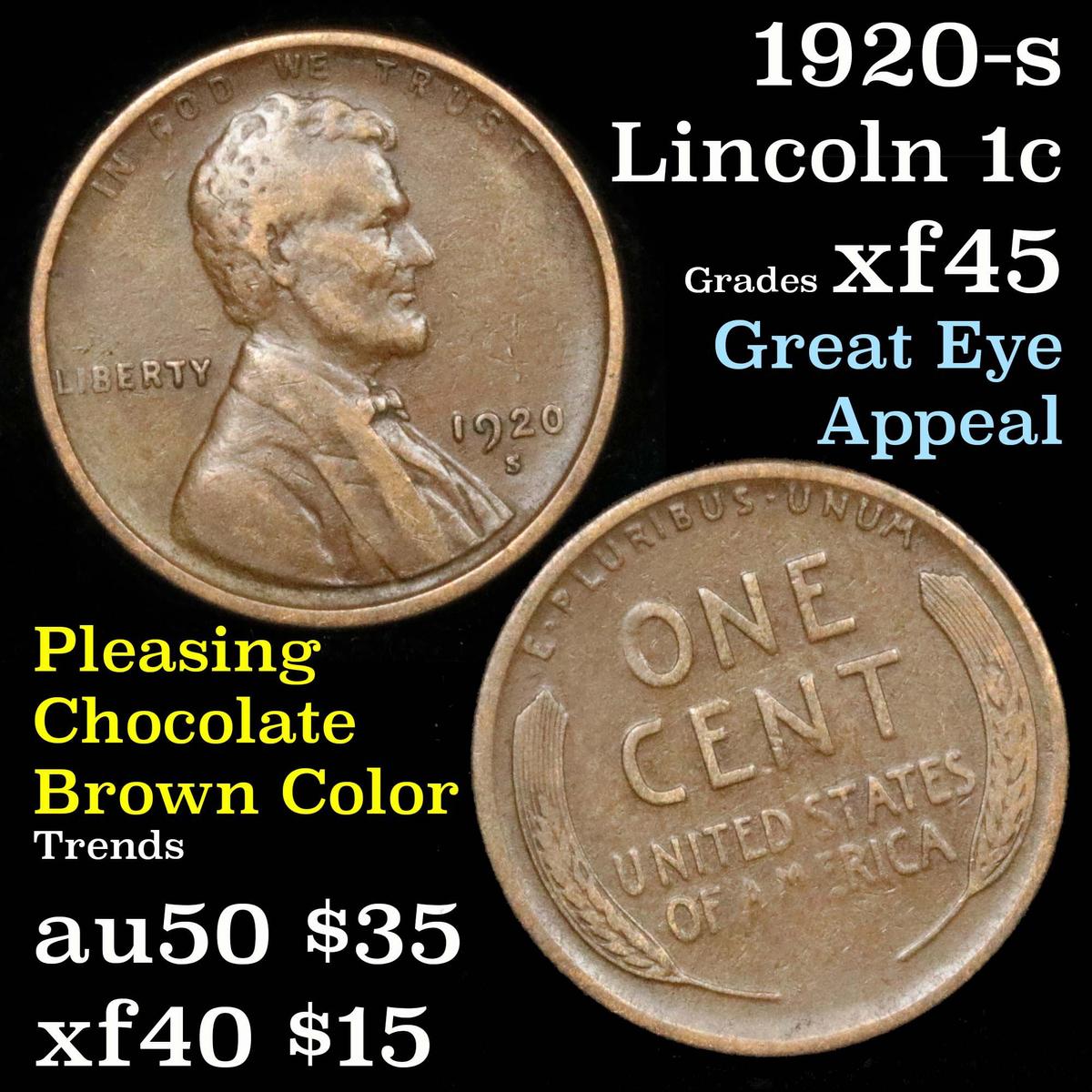 1920-s Lincoln Cent 1c Grades xf+