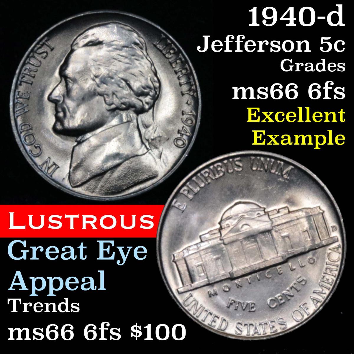 1940-d Jefferson Nickel 5c Grades GEM+ 6fs