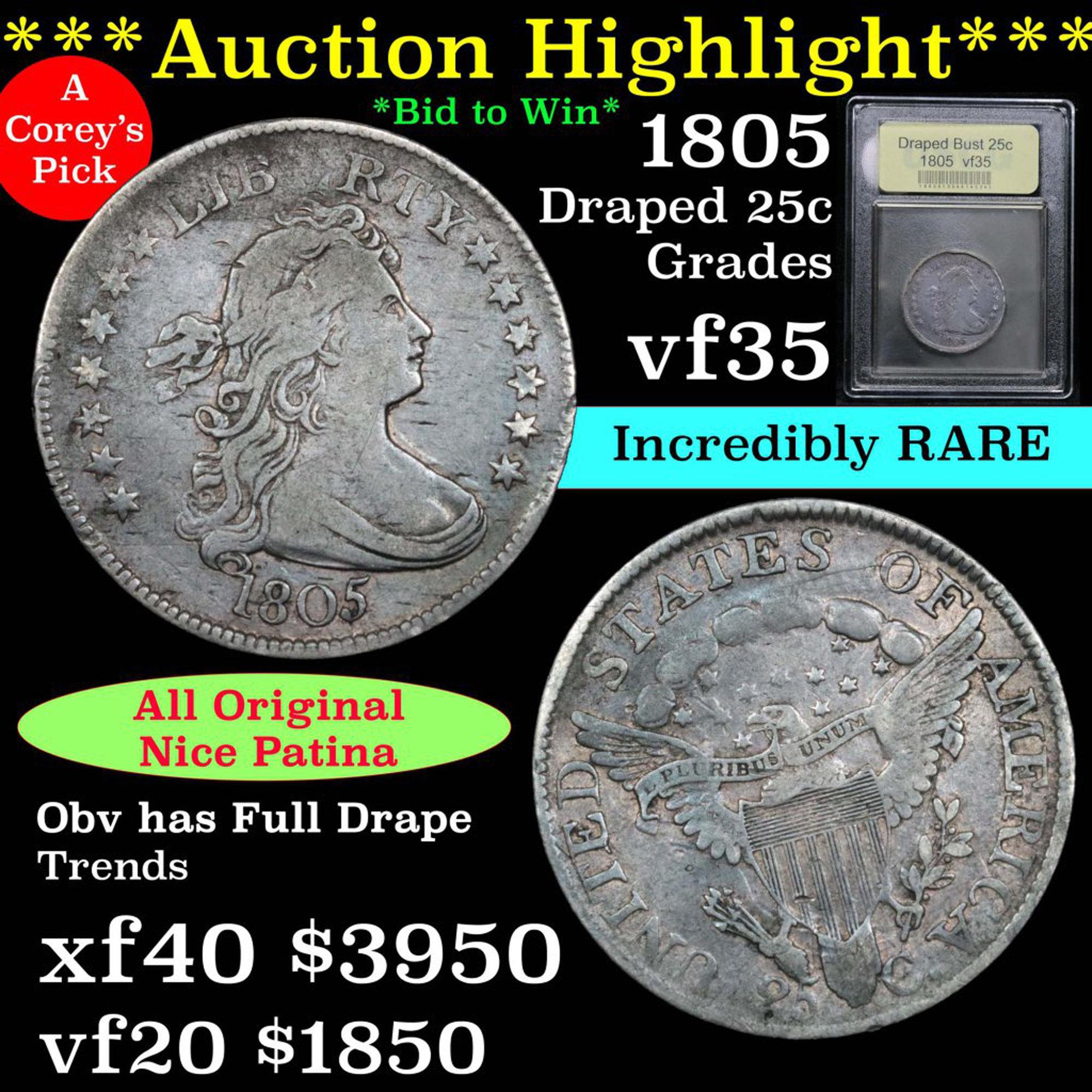 ***Auction Highlight*** 1805 Draped Bust Quarter 25c Graded vf++ by USCG (fc)