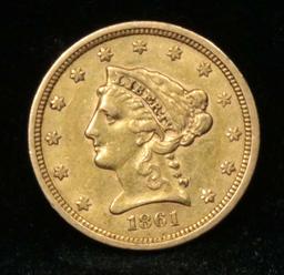 1861 Type 2 Gold Liberty Quarter Eagle $2 1/2 Grades AU, Almost Unc (fc)