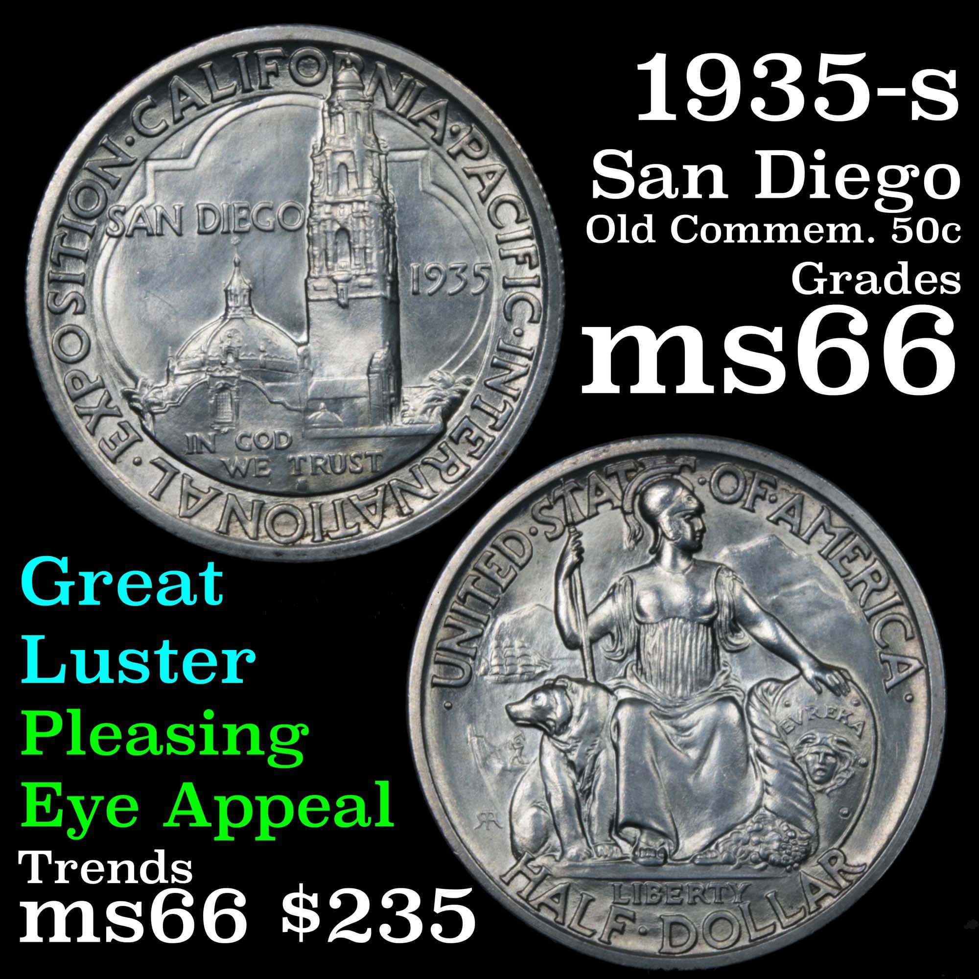 1935-s San Diego Old Commem Half Dollar 50c Grades Gem+ Unc (fc)