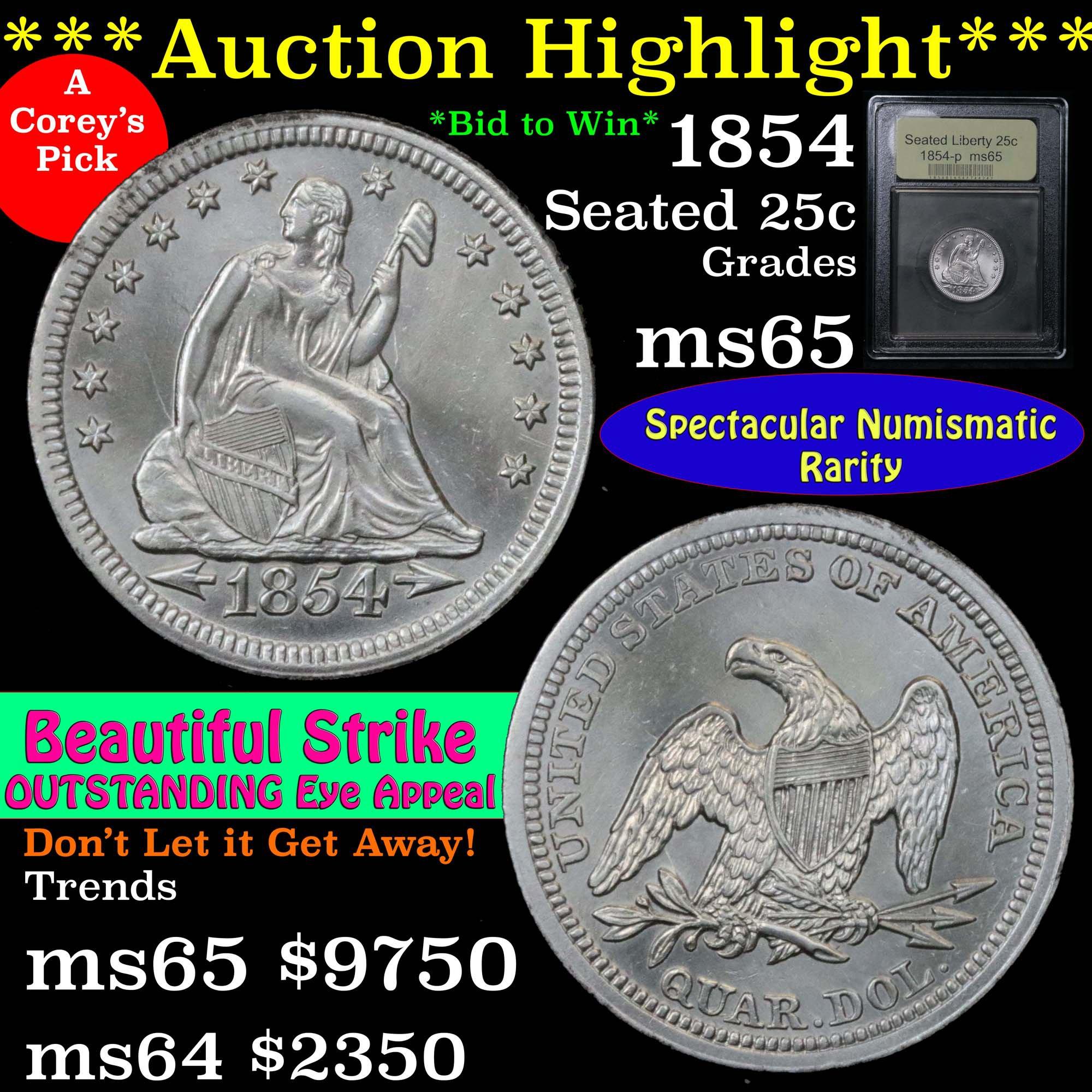 ***Auction Highlight*** 1854-p Seated Liberty Quarter 25c Graded GEM Unc by USCG Superb coin (fc)