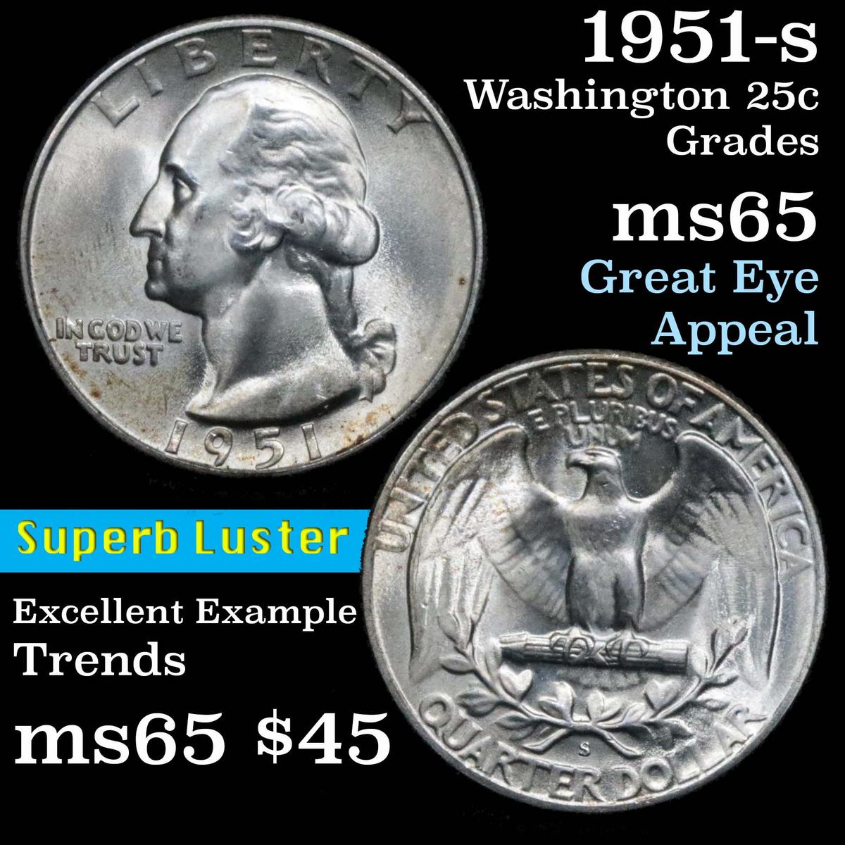 1951-s Washington Quarter 25c Grades GEM Unc