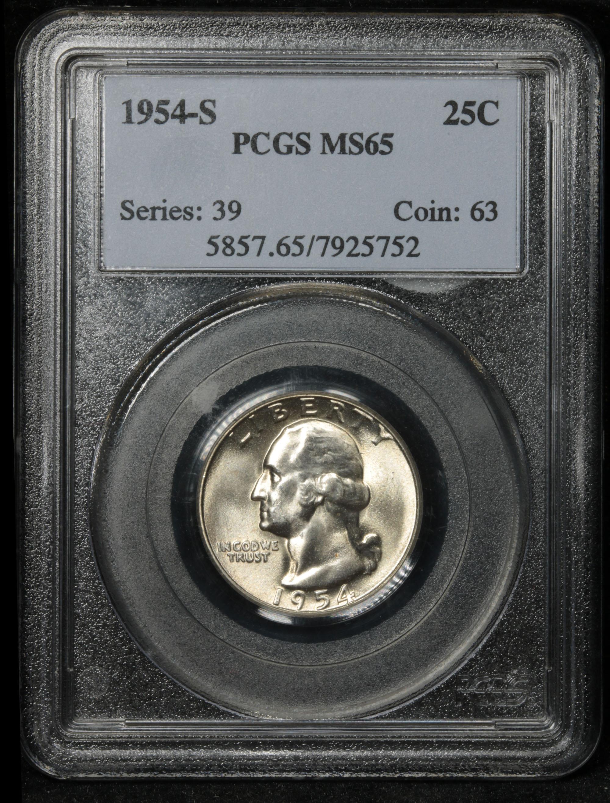 PCGS 1954-s Washington Quarter 25c Graded ms65 By PCGS