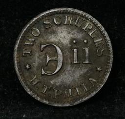 c. 1863 Two Scruples Civil War Token Grades AU, Almost Unc