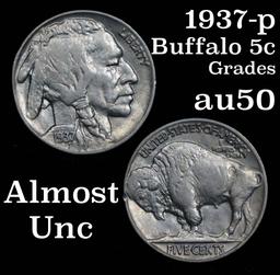 1937-p Buffalo Nickel 5c Grades AU, Almost Unc