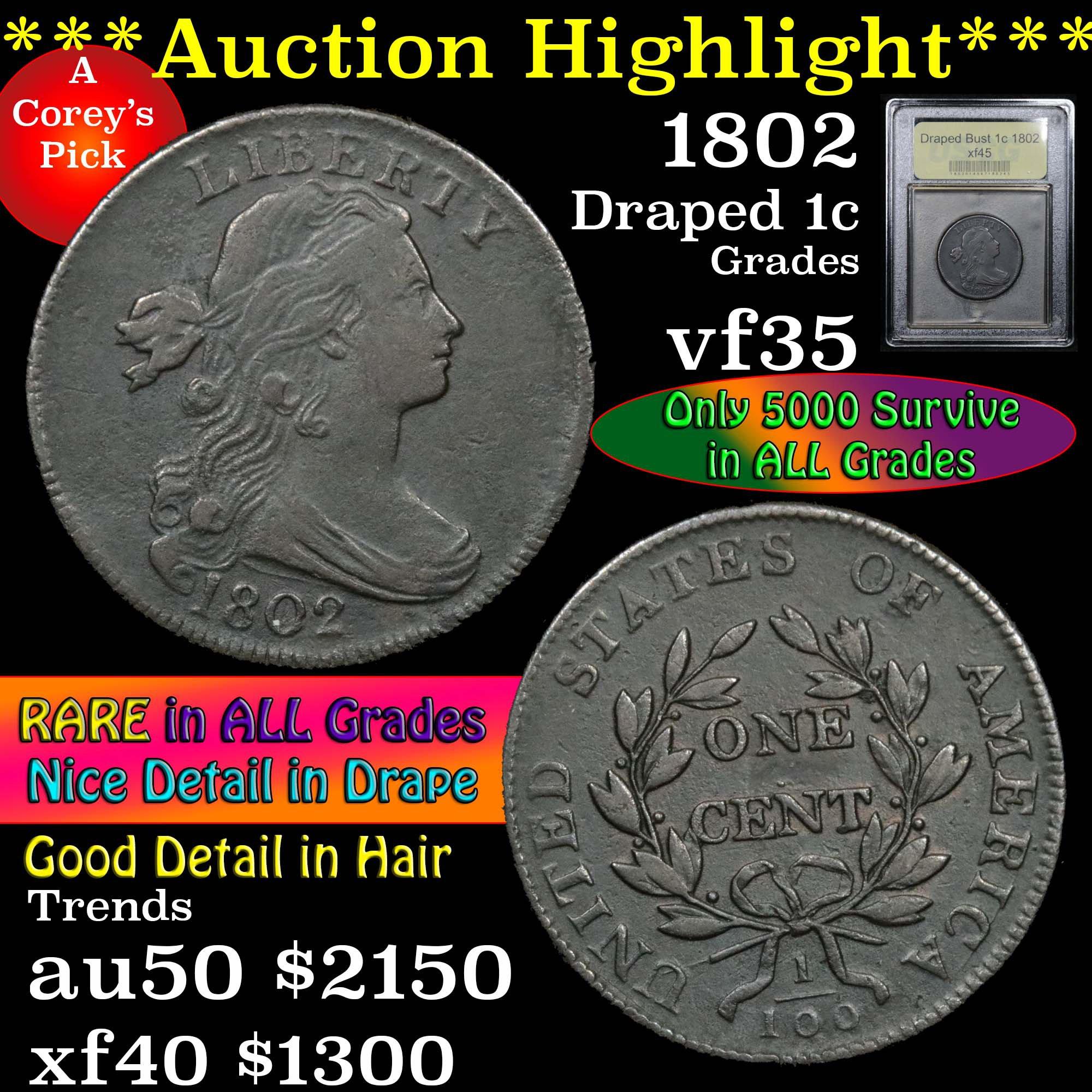 ***Auction Highlight*** 1802 Draped Bust Large Cent 1c Graded xf+ by USCG (fc)