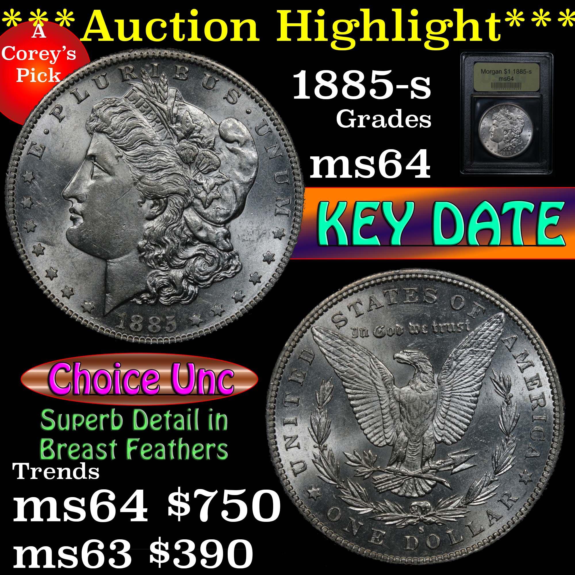 ***Auction Highlight*** Key date 1885-s Morgan Dollar $1 Graded Choice Unc by USCG (fc)