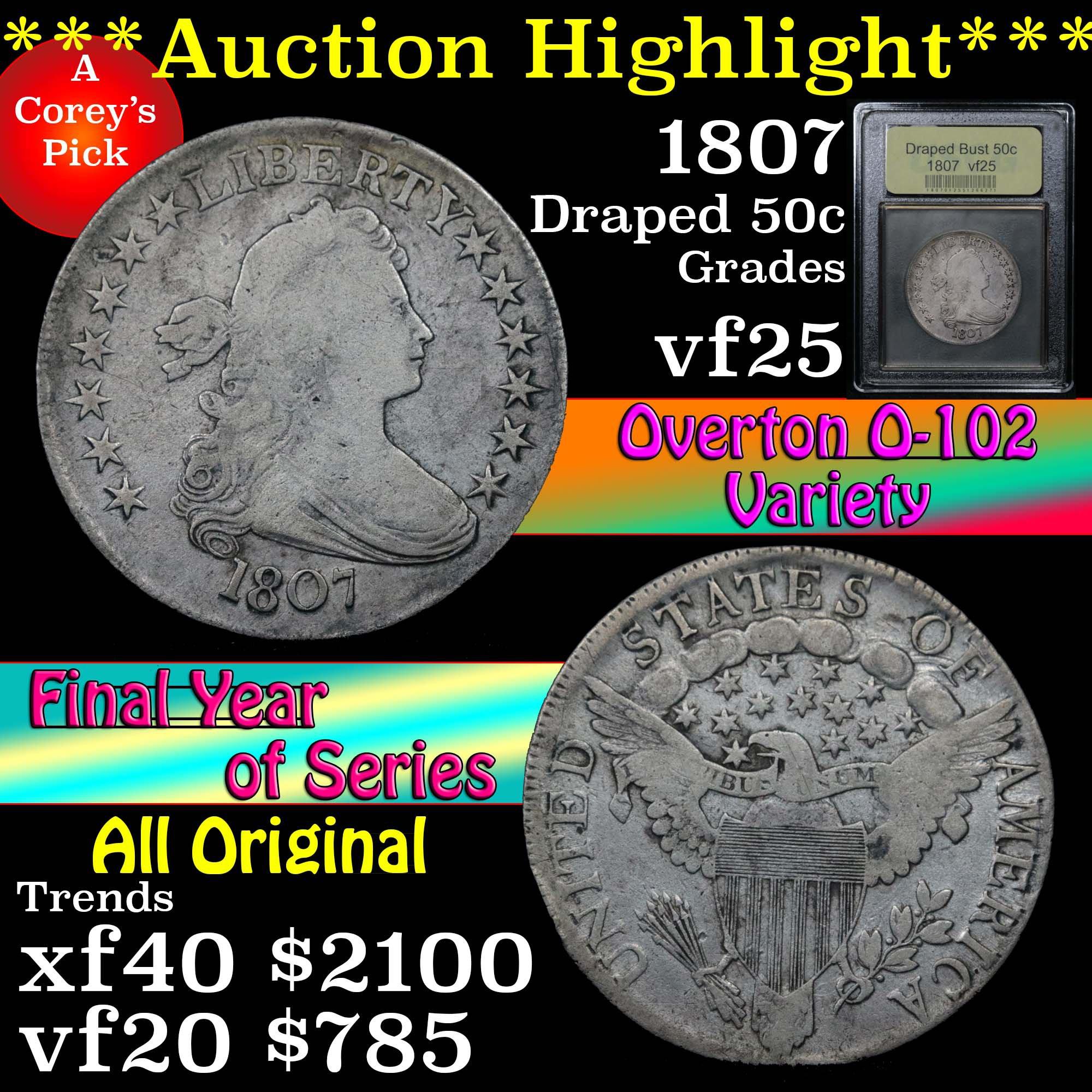 ***Auction Highlight*** 1807 Draped Bust Half Dollar 50c Graded vf+ by USCG