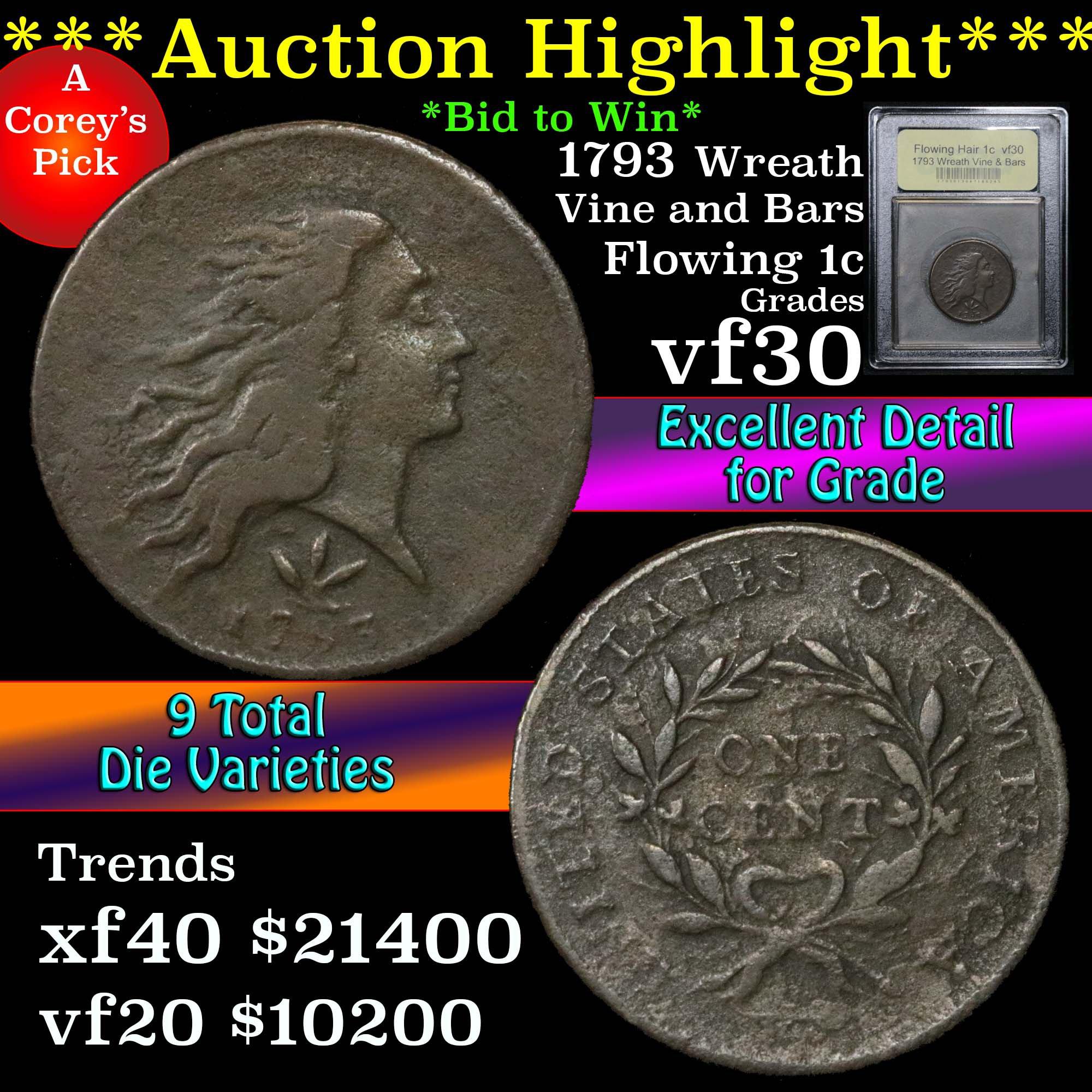 ***Auction Highlight*** 1793 Wreath Vine & Bars edge Flowing Hair large 1c Graded vf++ USCG (fc)