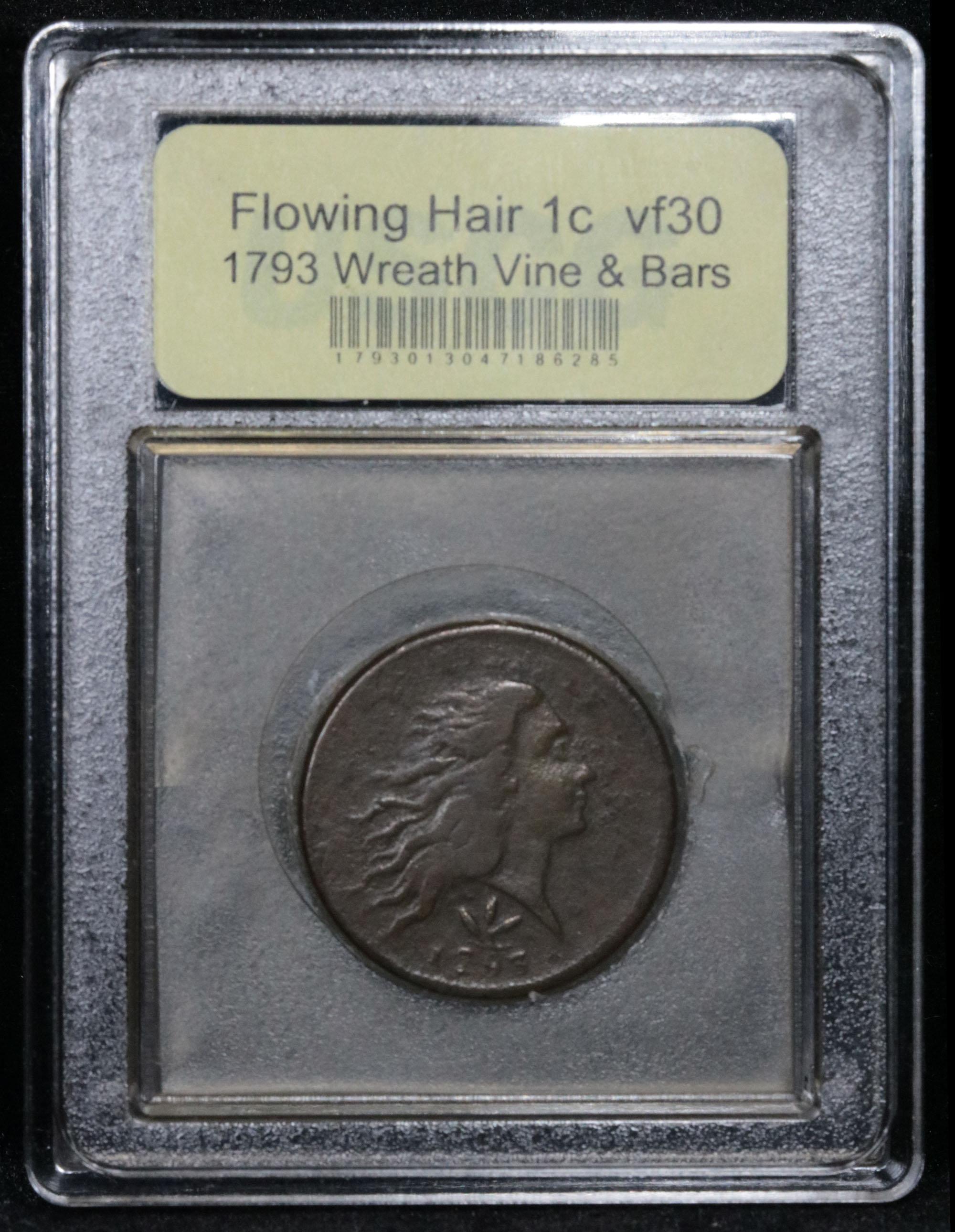 ***Auction Highlight*** 1793 Wreath Vine & Bars edge Flowing Hair large 1c Graded vf++ USCG (fc)