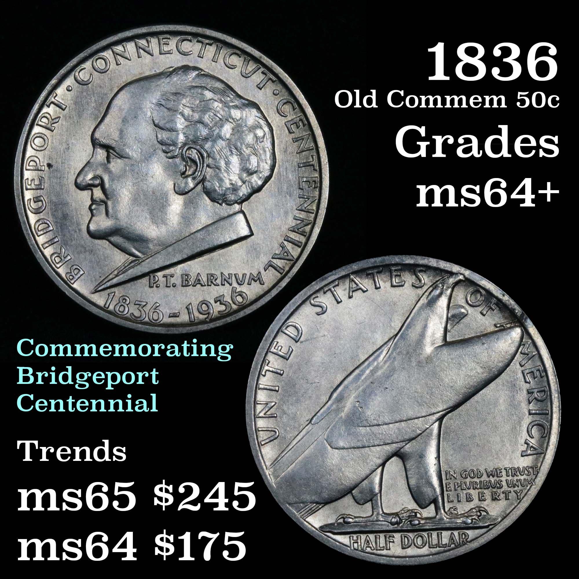 1936 Bridgeport Old Commem Half Dollar 50c Grades Choice+ Unc (fc)