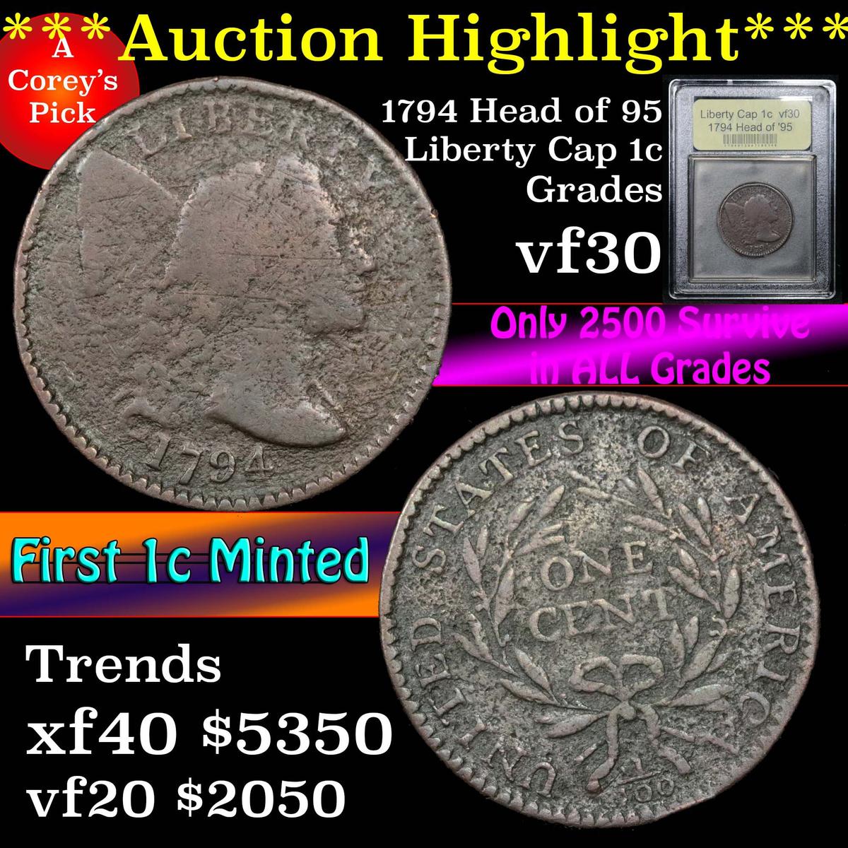 ***Auction Highlight*** 1794 Head of '95 Liberty Cap Large Cent 1c Graded vf++ by USCG (fc)