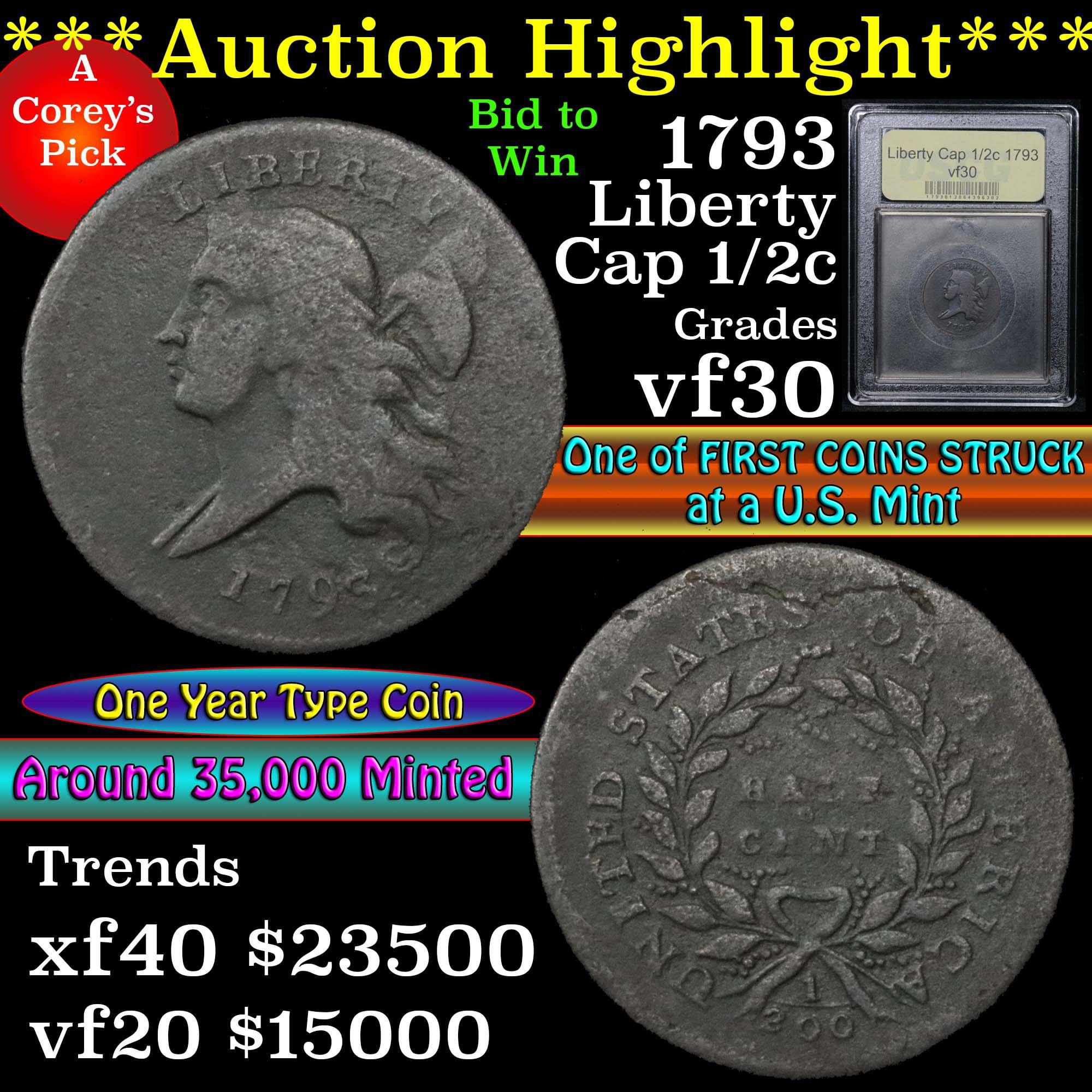 ***Auction Highlight*** 1793 Liberty Cap Half Cent 1/2c Graded vf++ by USCG (fc)