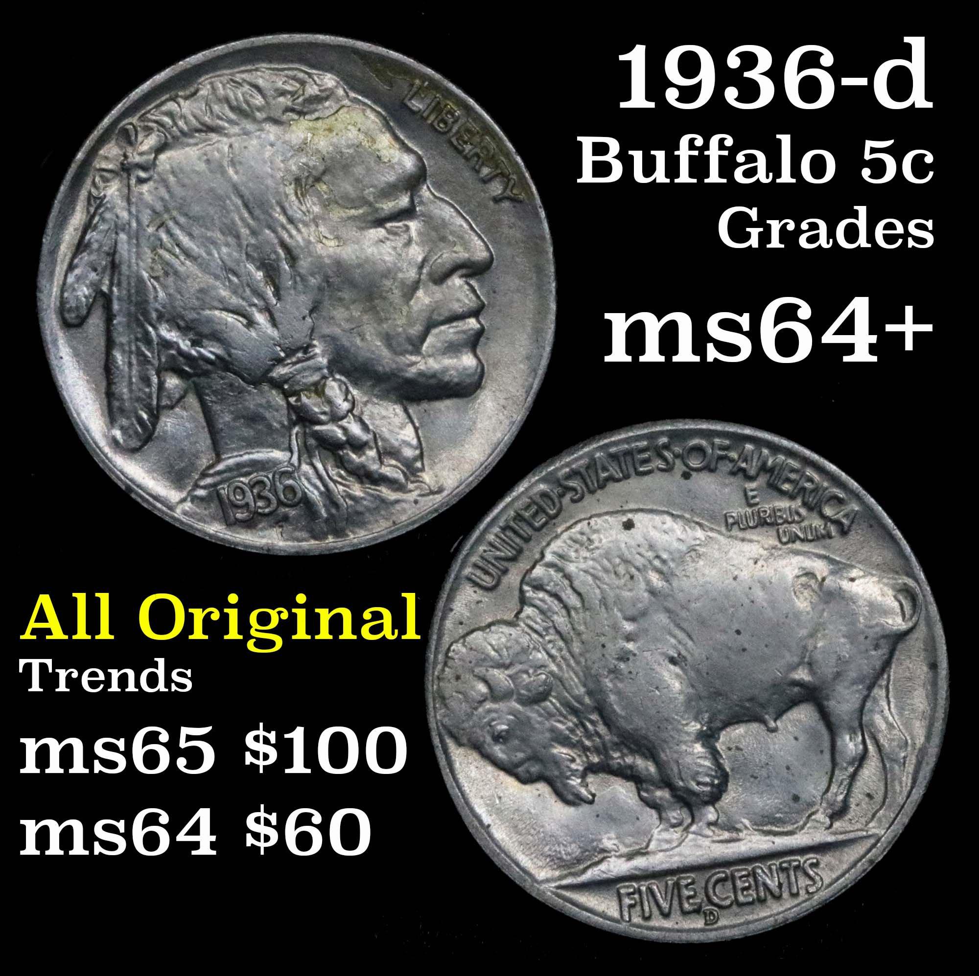 1936-d Buffalo Nickel 5c Grades Choice+ Unc