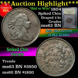 ***Auction Highlight*** 1804 Spiked Chin Draped Bust 1/2c Graded Select Unc BN USCG (fc)