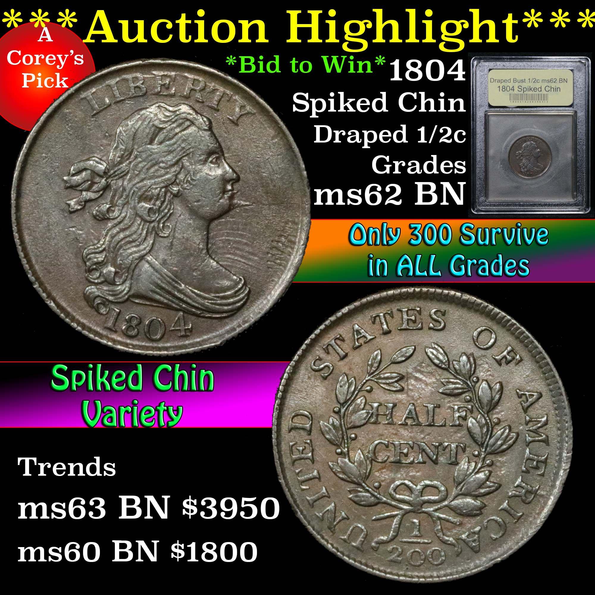 ***Auction Highlight*** 1804 Spiked Chin Draped Bust 1/2c Graded Select Unc BN USCG (fc)