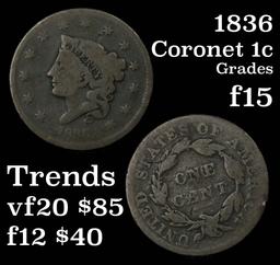 1836 Coronet Head Large Cent 1c Grades f+