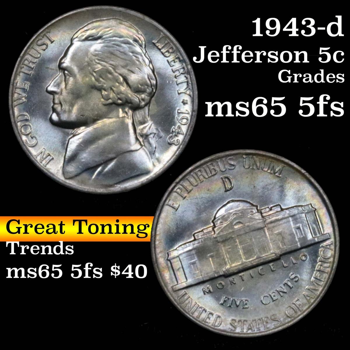 1943-d Jefferson Nickel 5c Grades GEM 5fs