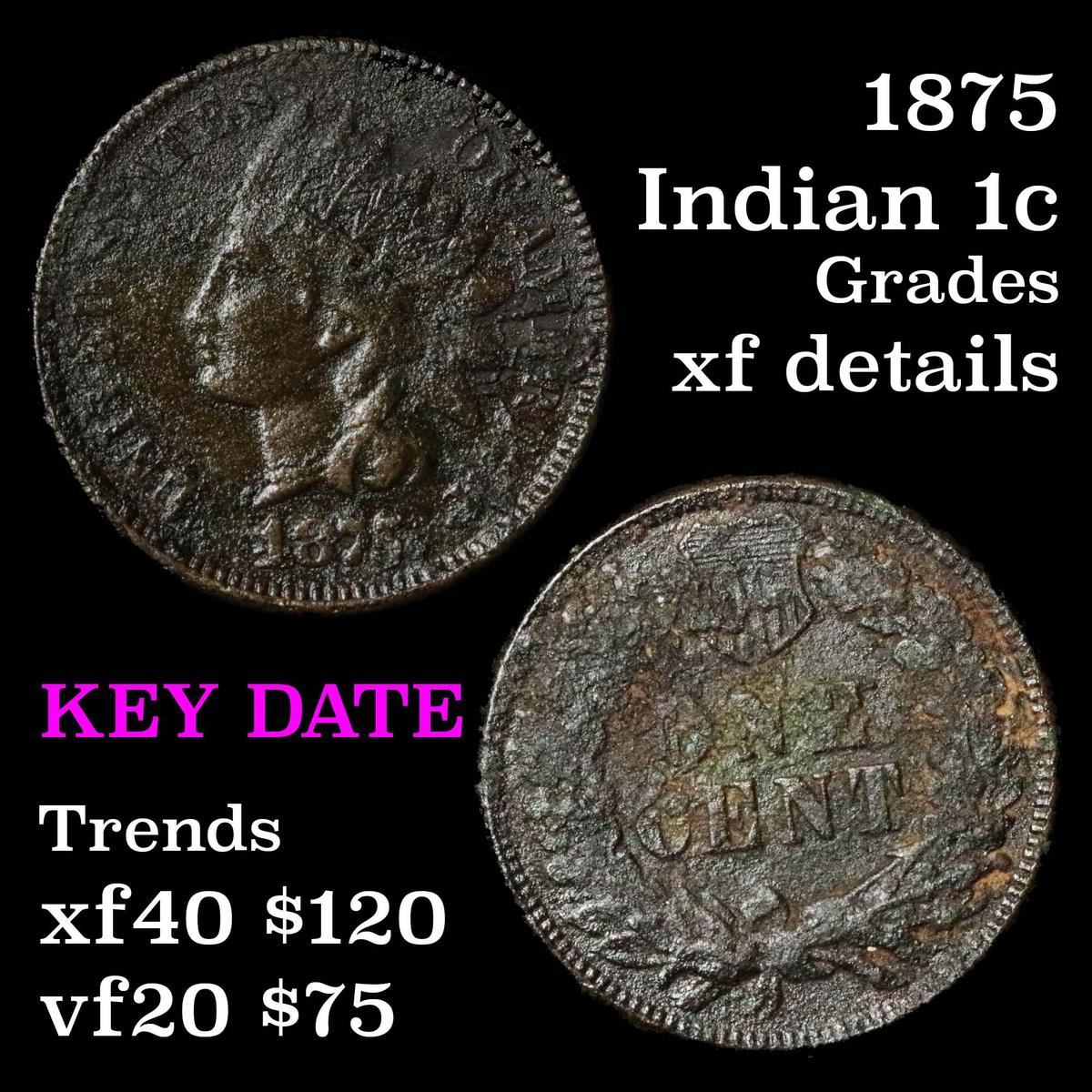 1875 Indian Cent 1c Grades xf details