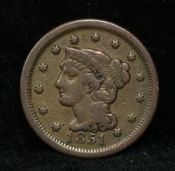 1851 Braided Hair Large Cent 1c Grades vf+