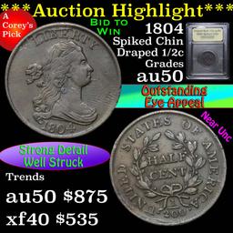 ***Auction Highlight*** 1804 Spiked Chin Draped Bust Half Cent 1/2c Graded AU, Almost Unc USCG (fc)