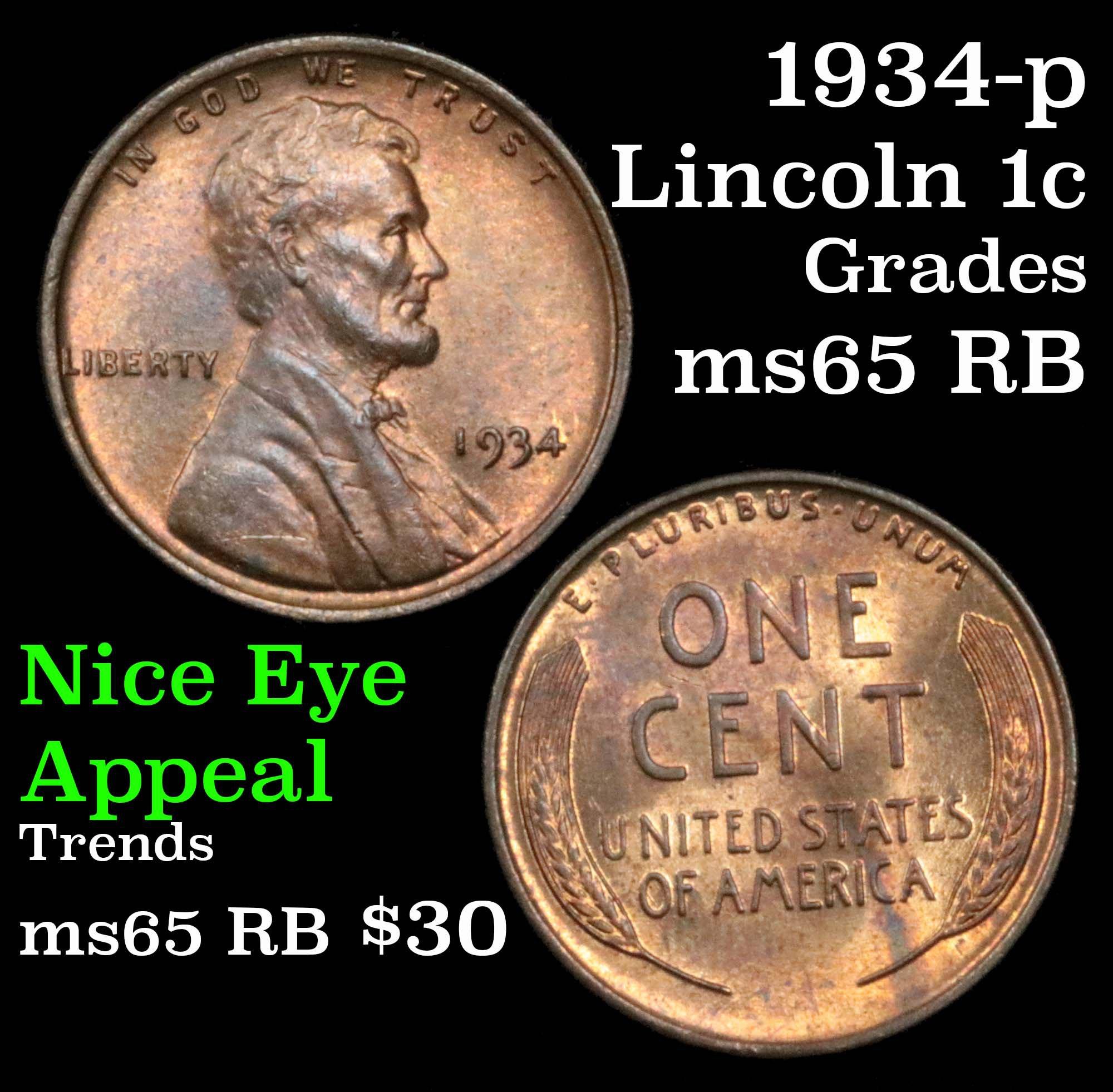 1934-p Lincoln Cent 1c Grades GEM Unc RB
