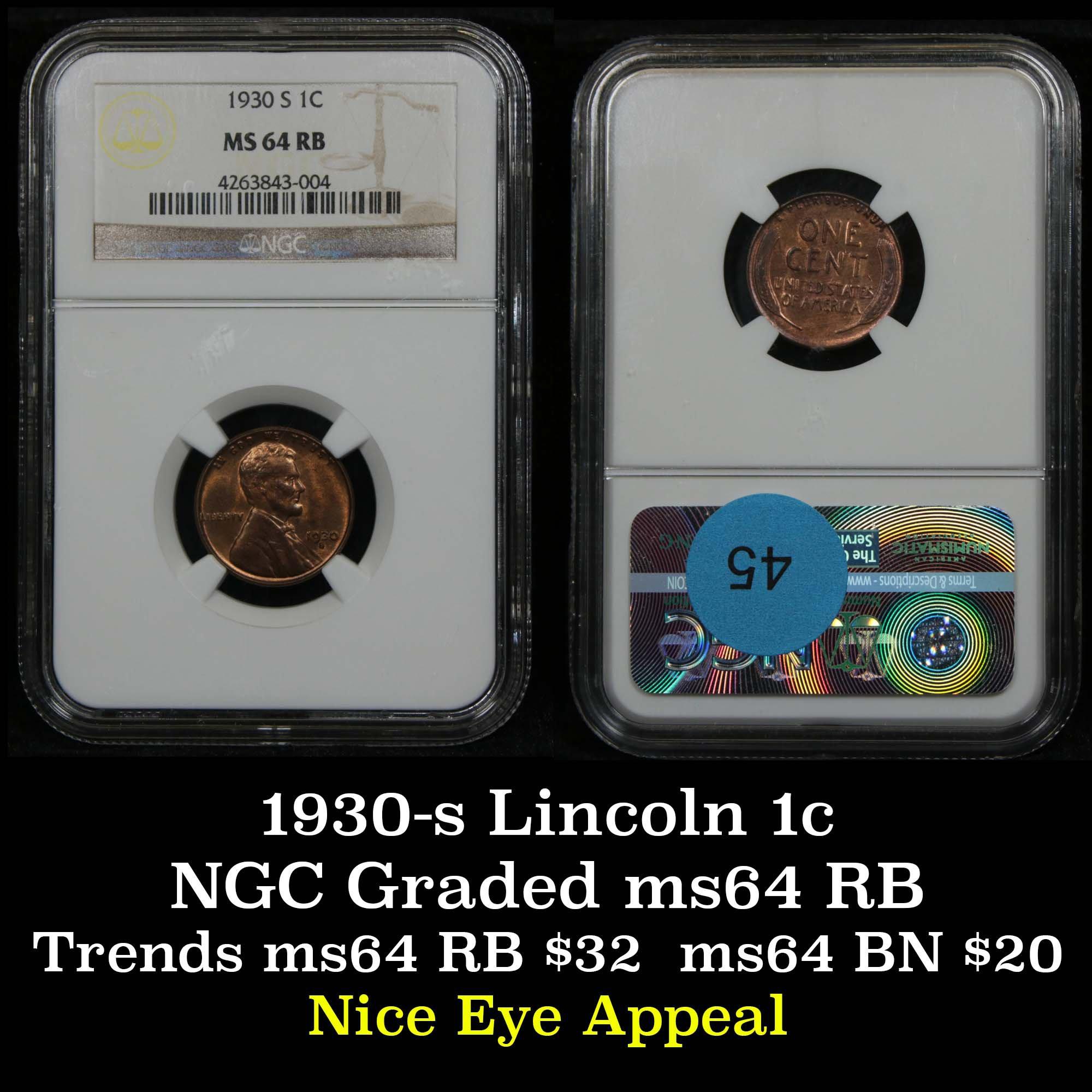 NGC 1930-s Lincoln Cent 1c Graded ms64 rb By NGC