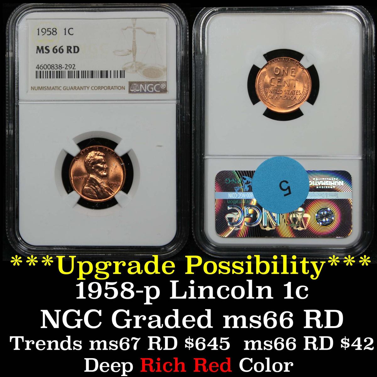 NGC 1958-p Lincoln Cent 1c Graded ms66 RD By NGC