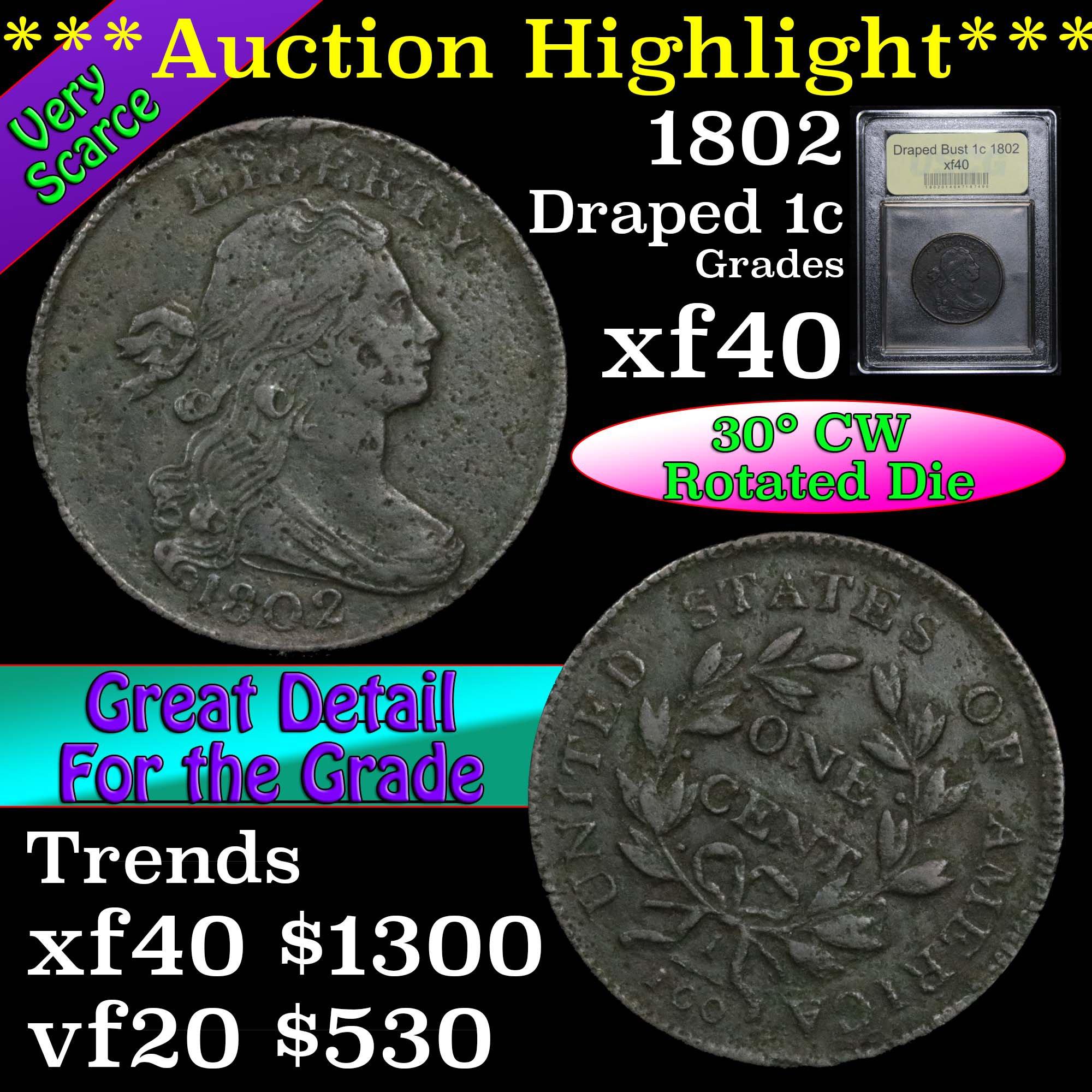 ***Auction Highlight*** 1802 Draped Bust Large Cent 1c Graded xf by USCG (fc)