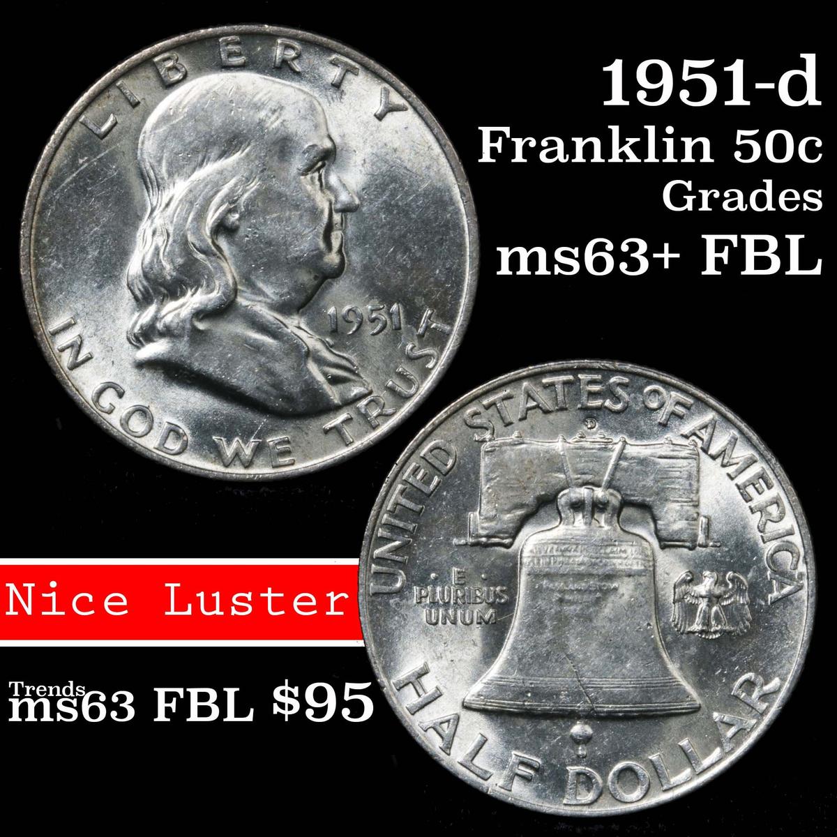 1951-d Franklin Half Dollar 50c Grades Select Unc+ FBL