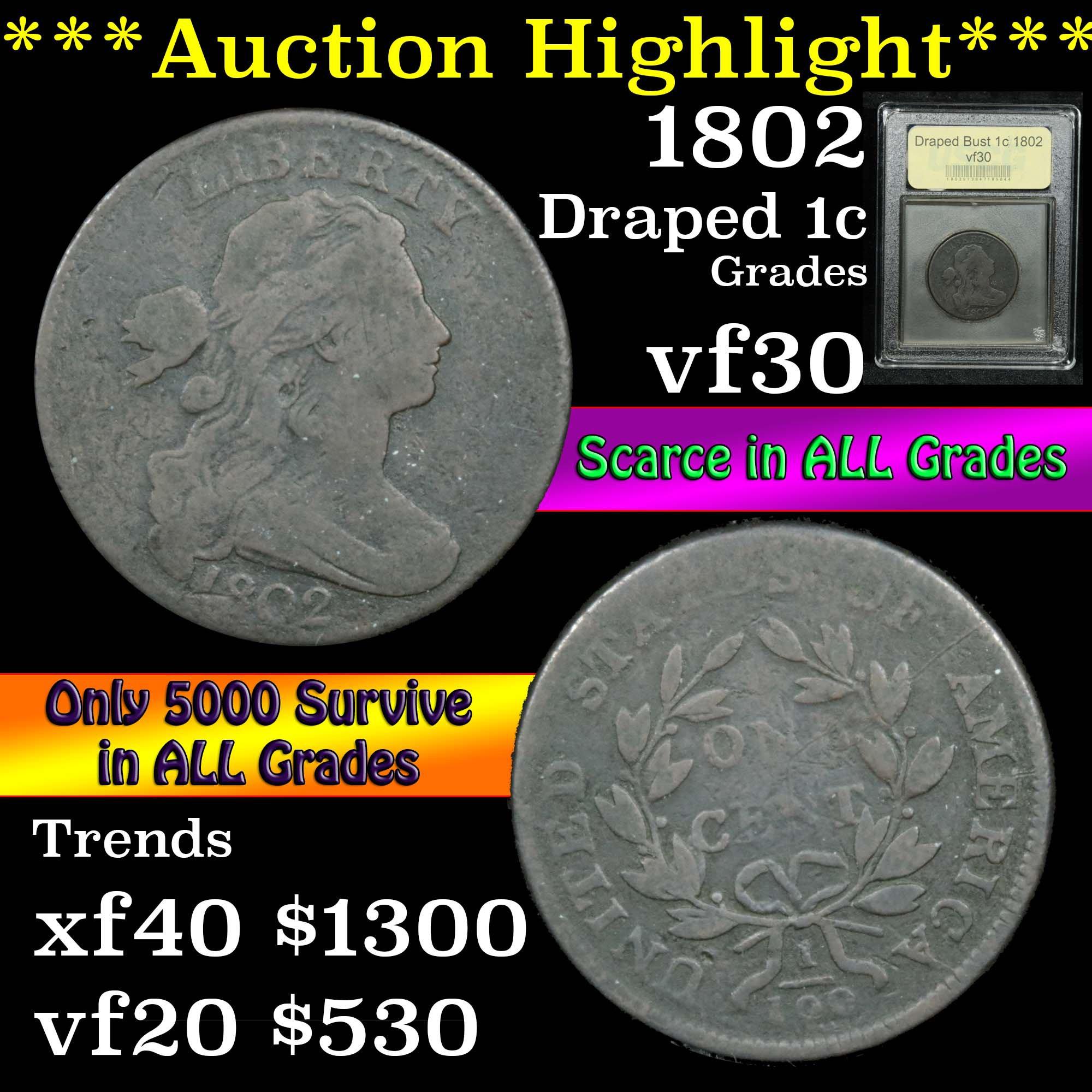 ***Auction Highlight*** 1802 Draped Bust Large Cent 1c Graded vf++ by USCG (fc)