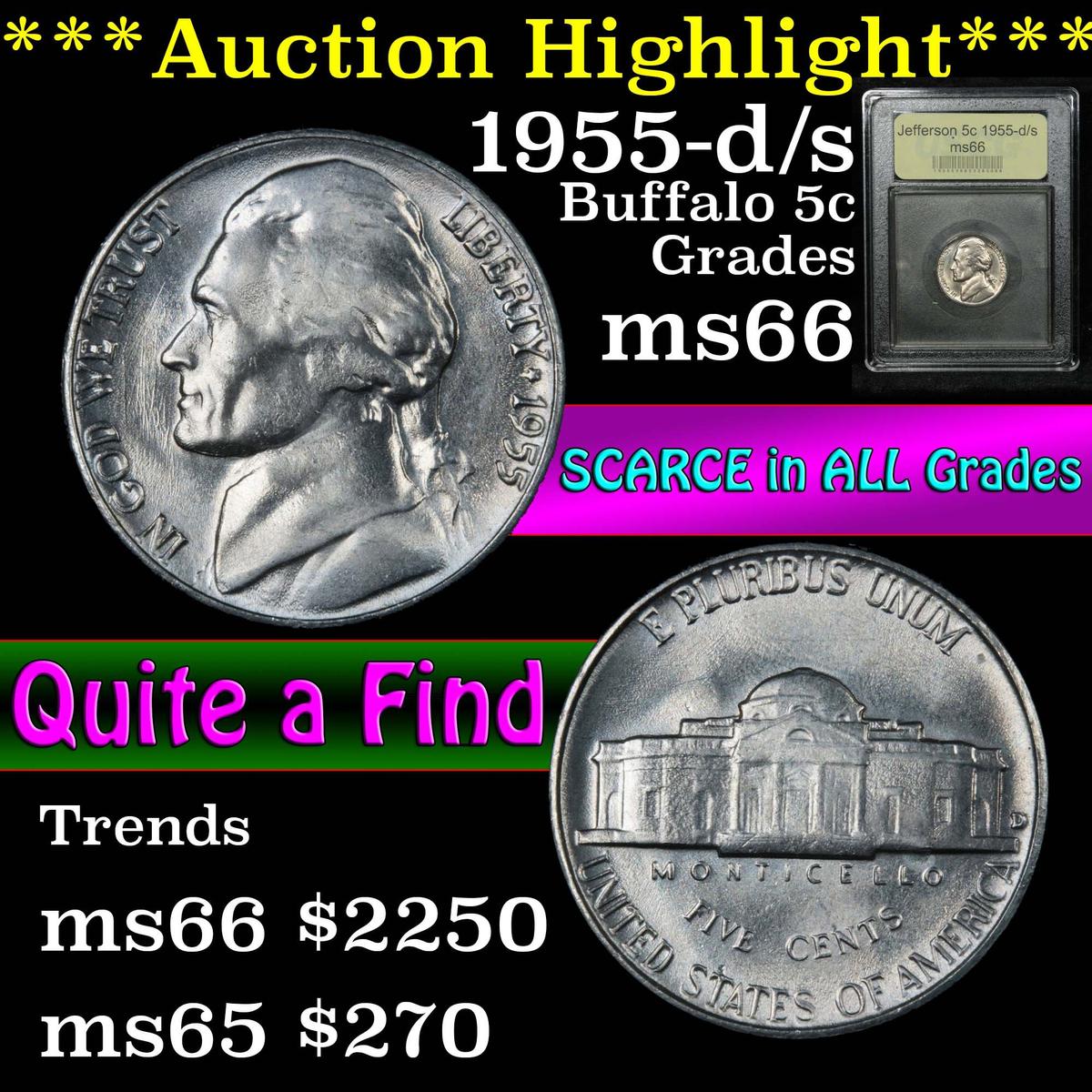 ***Auction Highlight*** 1955-d/s Jefferson Nickel 5c Graded GEM+ Unc by USCG (fc)