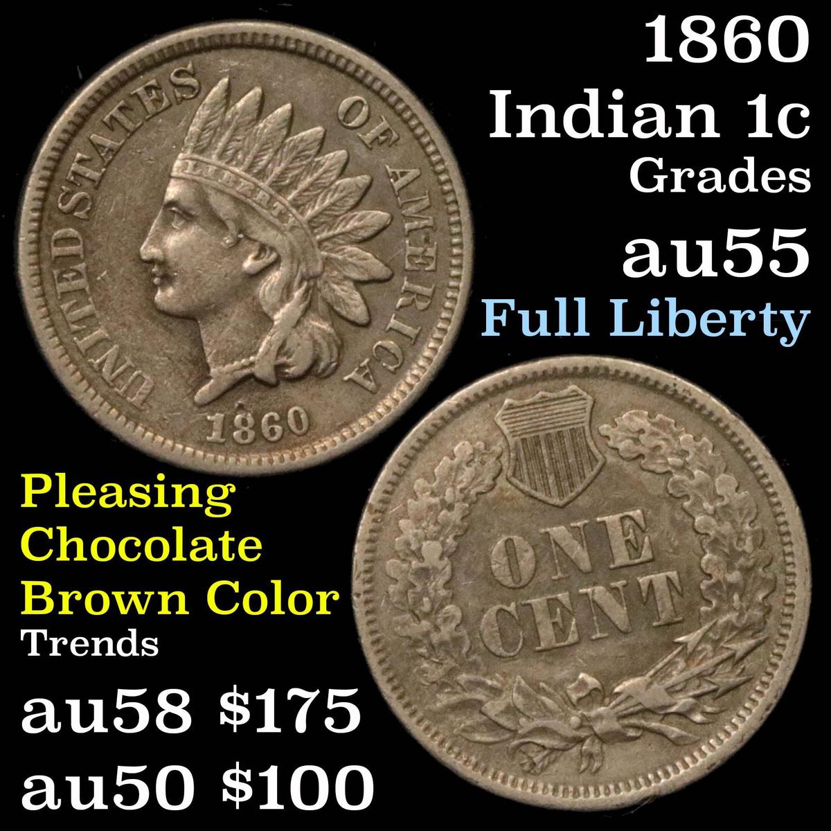 1860 Indian Cent 1c Grades Choice AU