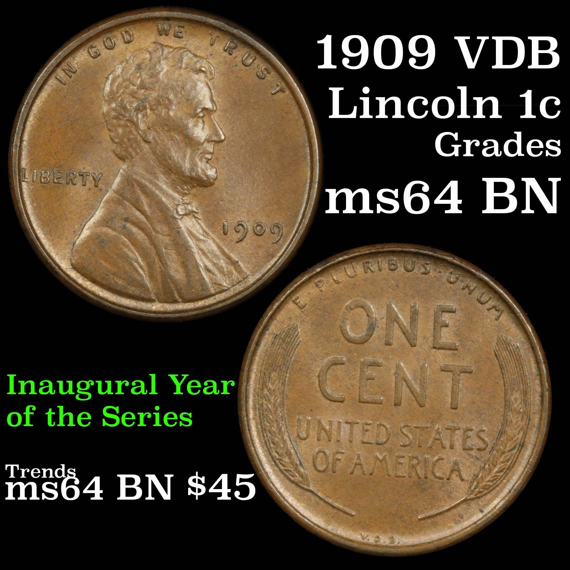 1909 VDB Lincoln Cent 1c Grades Choice Unc BN