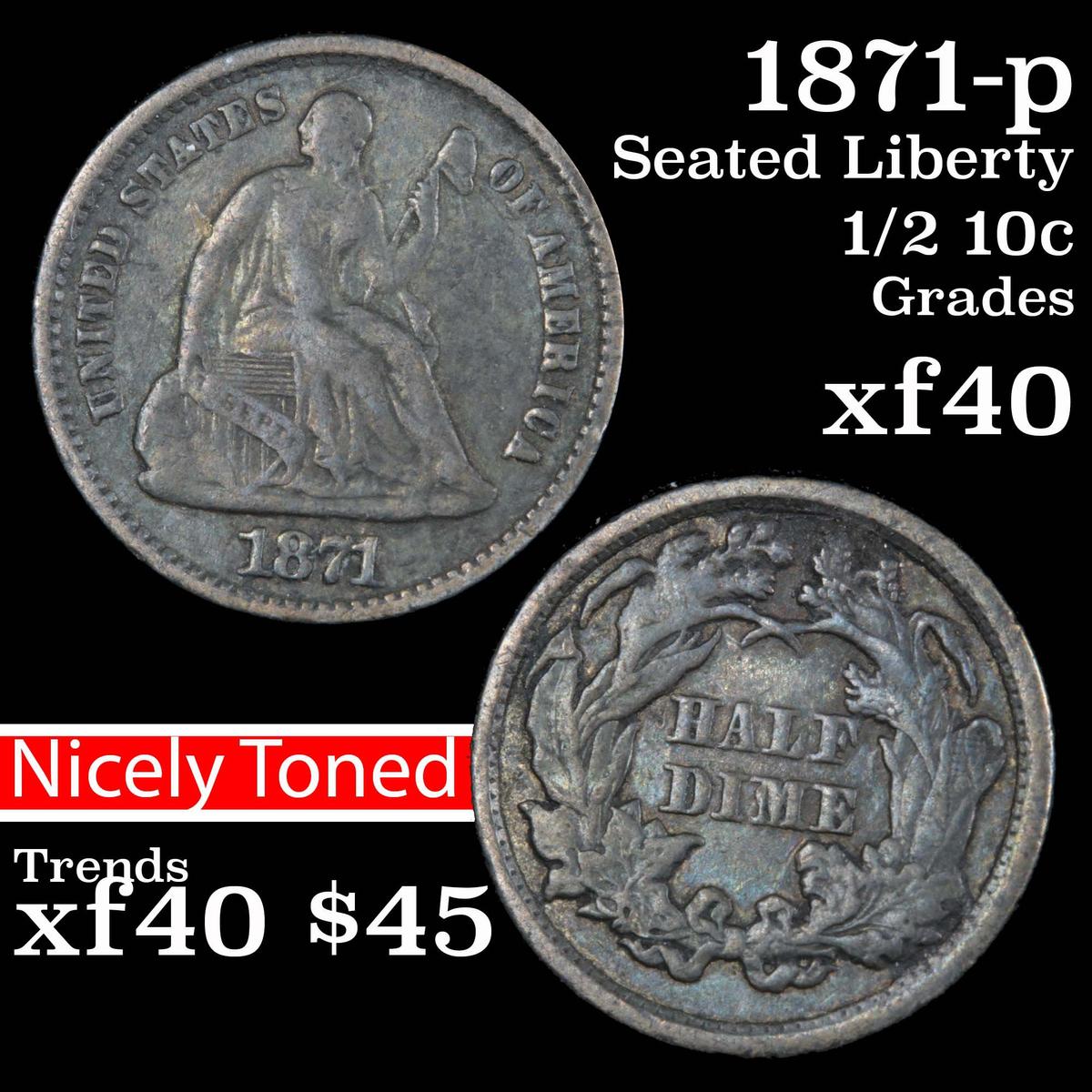 1871-p Seated Liberty Half Dime 1/2 10c Grades xf