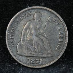 1871-p Seated Liberty Half Dime 1/2 10c Grades xf