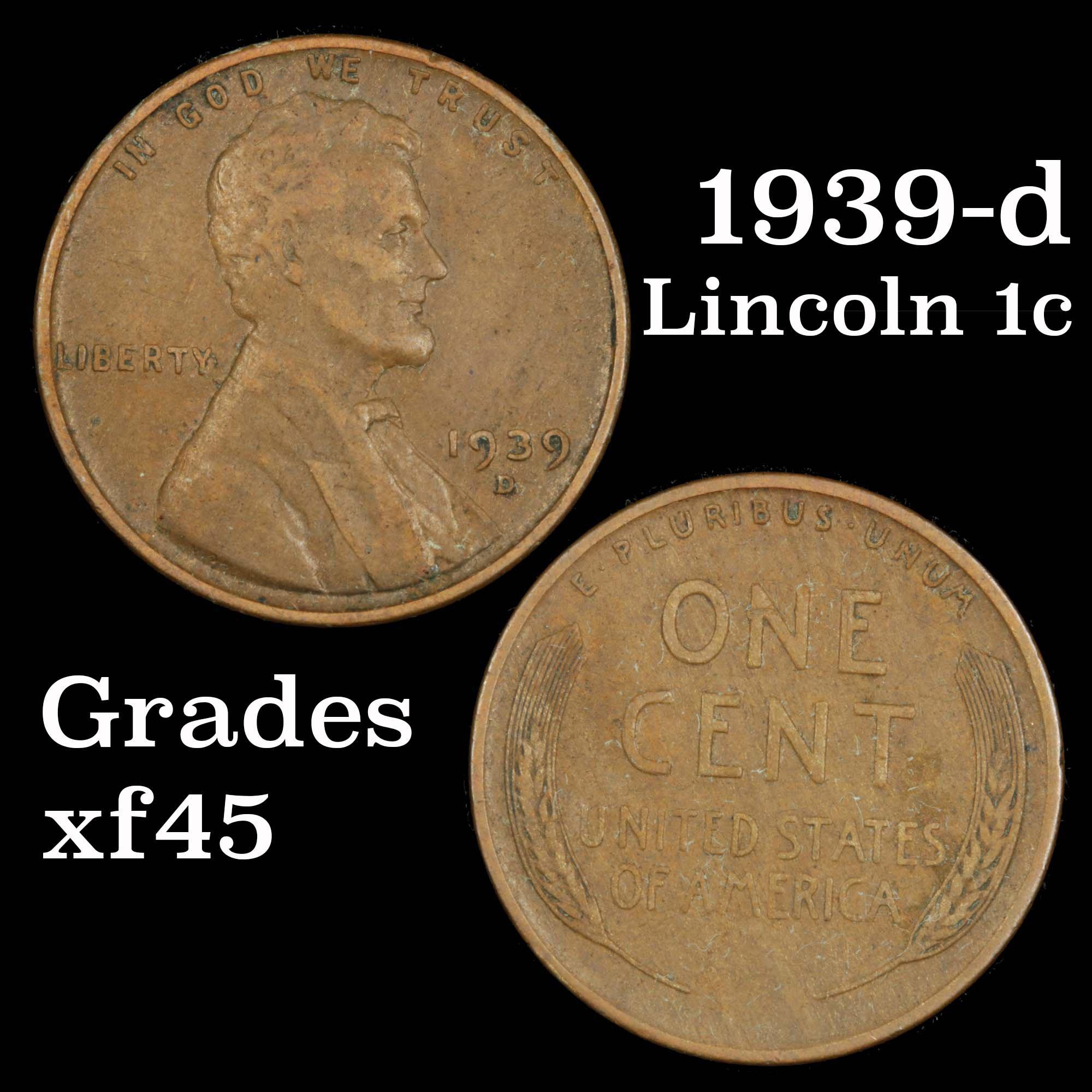 1939-d Lincoln Cent 1c Grades xf+