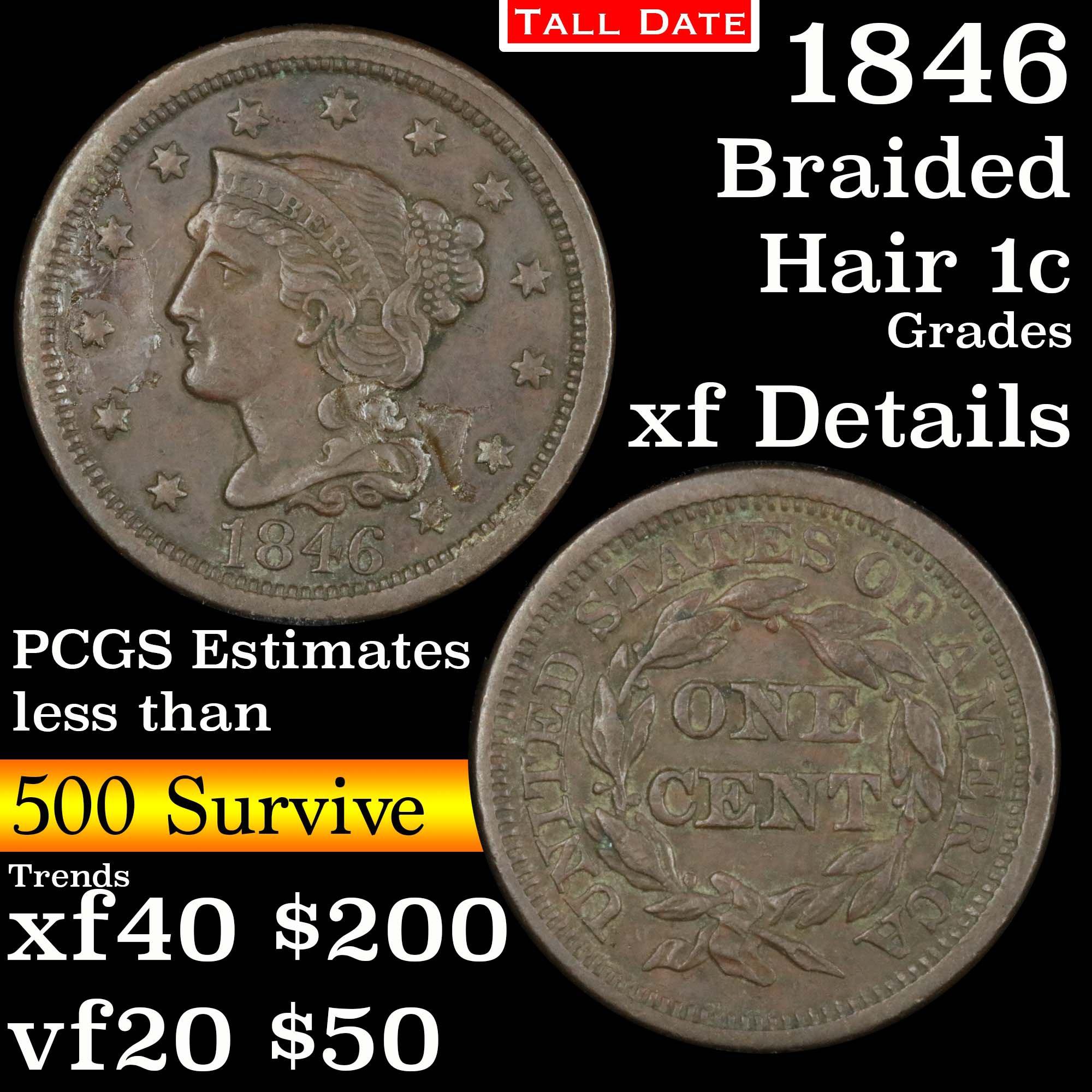 1846 Tall Date Braided Hair Large Cent 1c Grades xf details