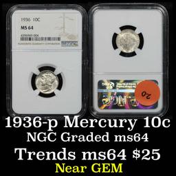 NGC 1936-p Mercury Dime 10c Graded ms64 By NGC