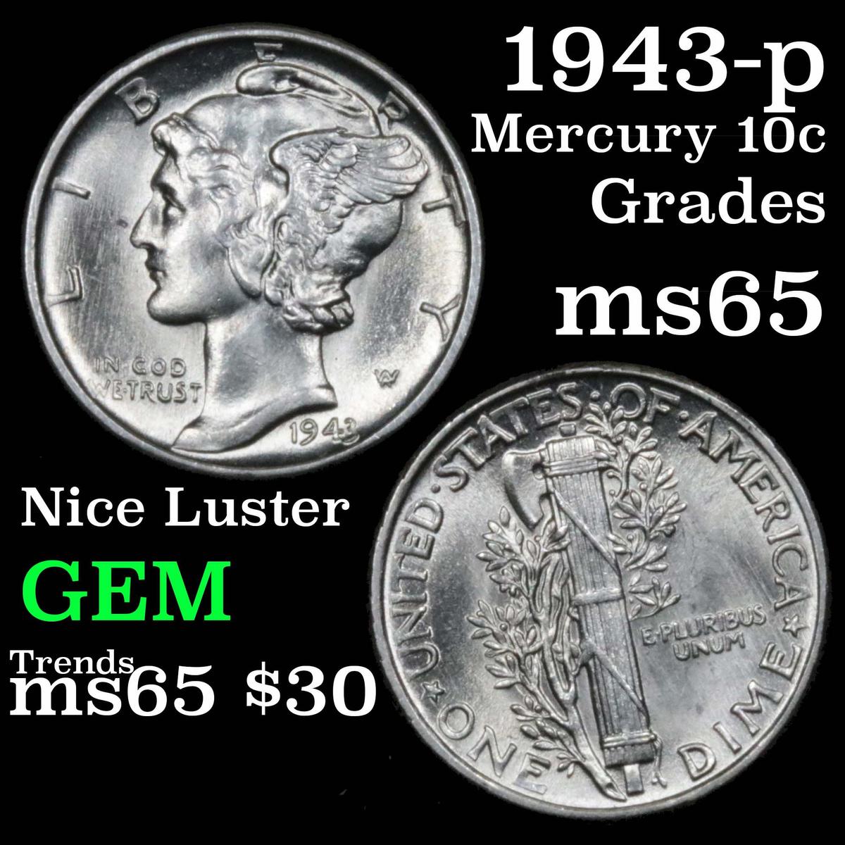 1943-p Mercury Dime 10c Grades GEM Unc